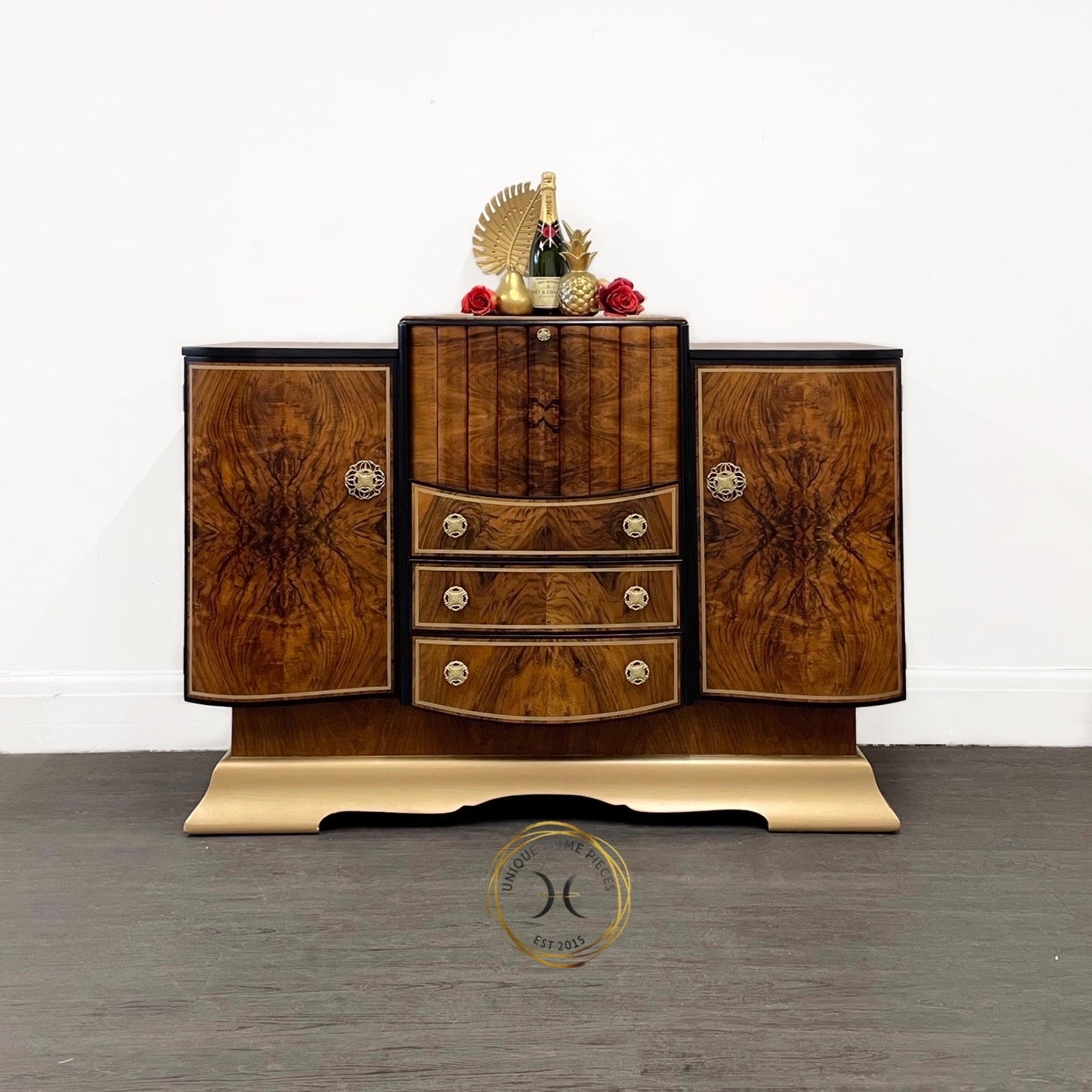 Large Rare Ronson Black Gold Walnut Art Deco Cocktail Cabinet
