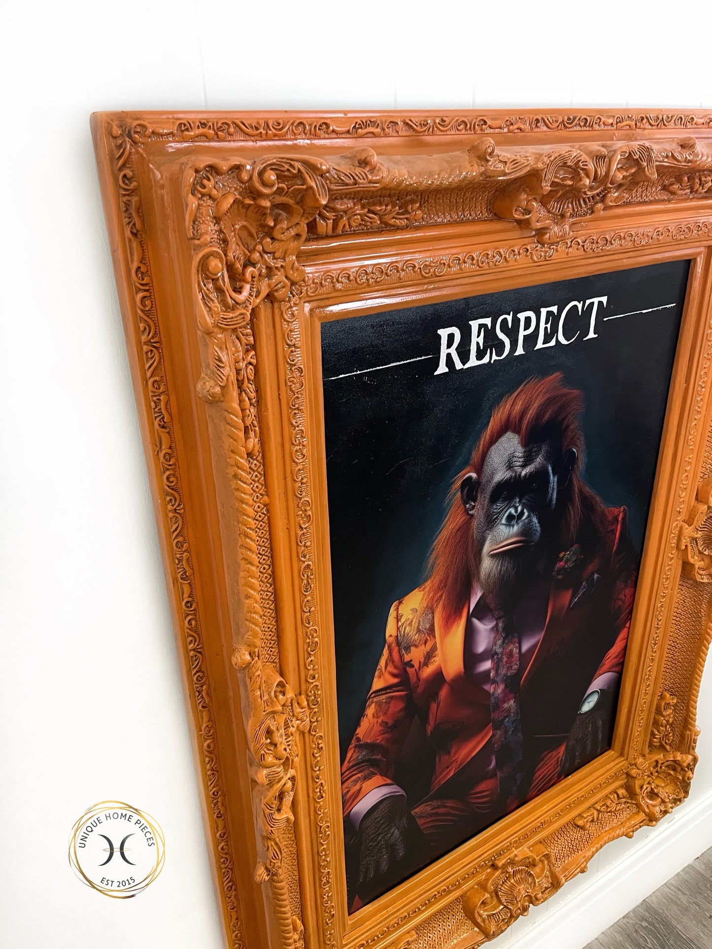 Orangutan Wall Art With Orange Ornate Picture Frame.