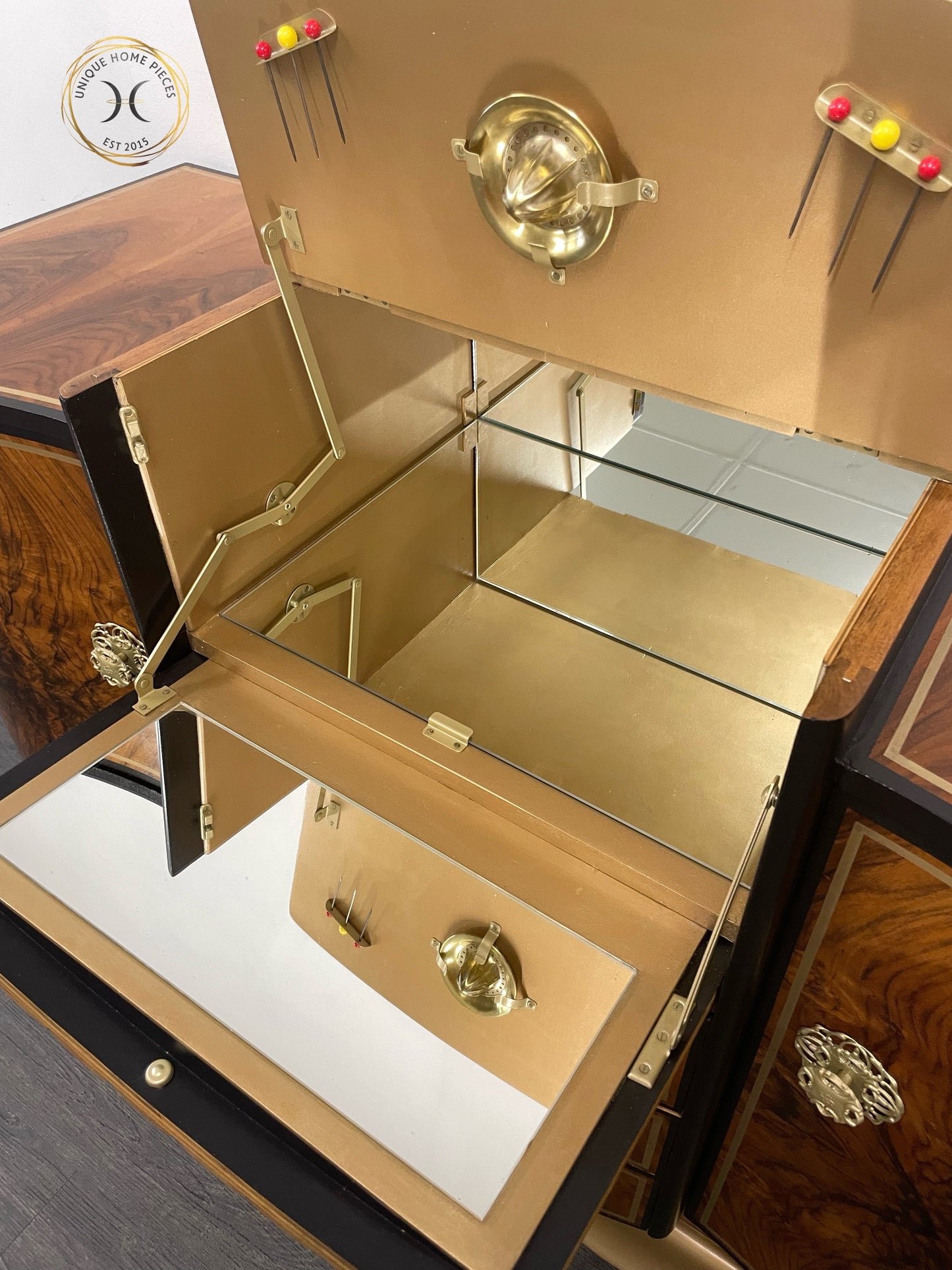 Large Rare Ronson Black Gold Walnut Art Deco Cocktail Cabinet