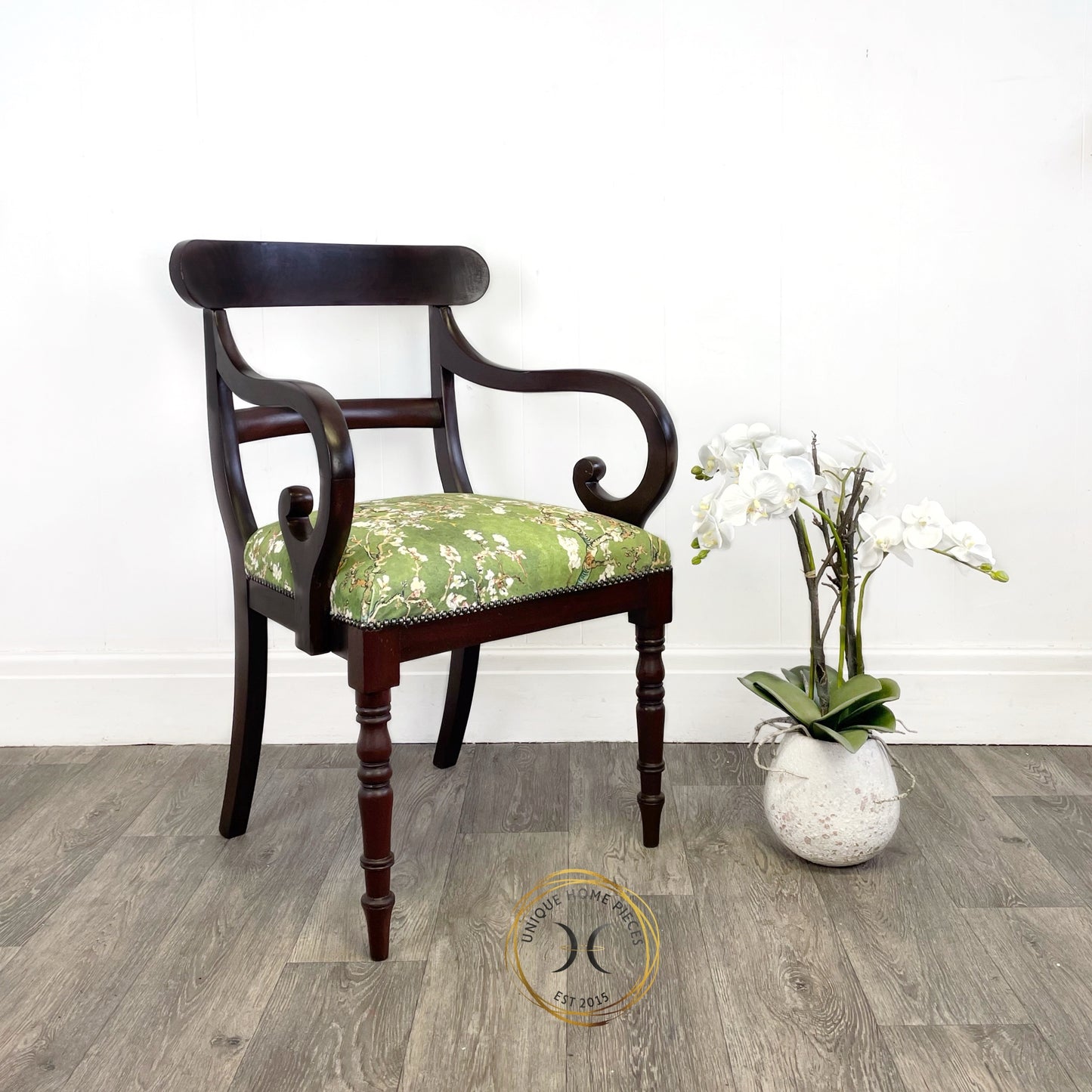 Antique scroll arm desk chair from the regency period. Refinished with Jacobean walnut stain. Green velvet material with Japanese cherry tree design.