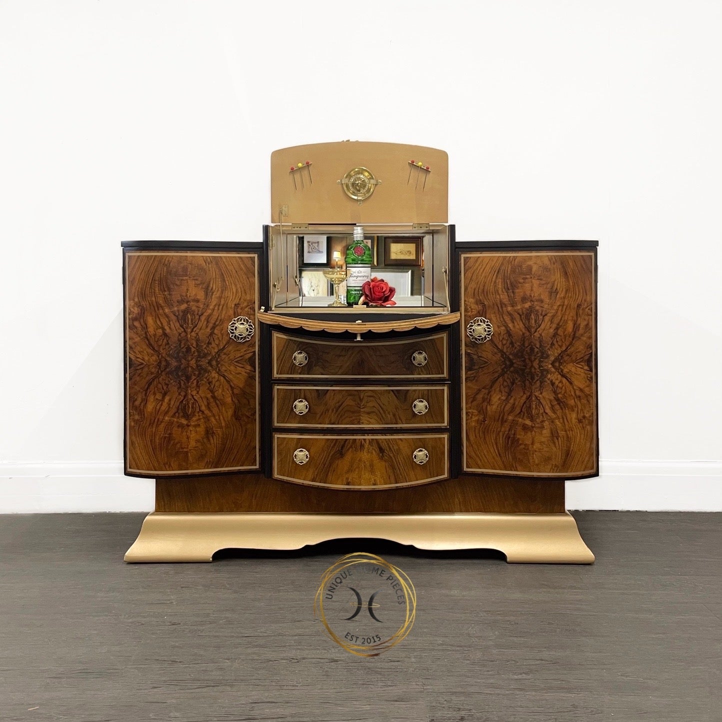 Large Rare Ronson Black Gold Walnut Art Deco Cocktail Cabinet