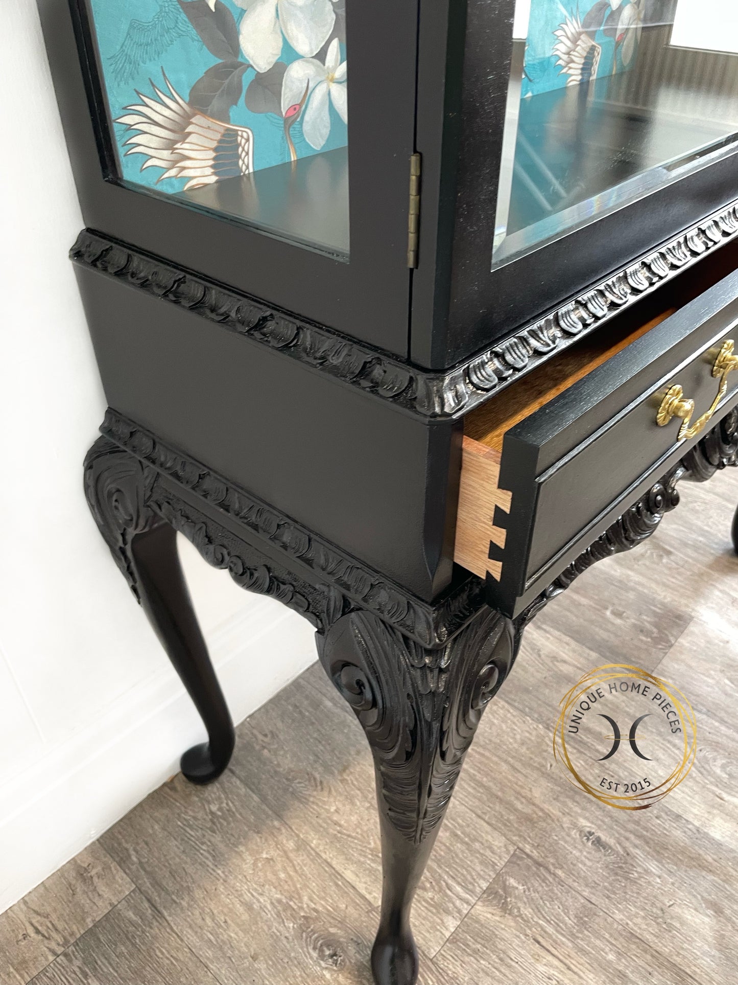 Black Bespoke Bevelled Glass Door Display Cabinet, Queen Anne Legs,Turquoise Crane Bird Design