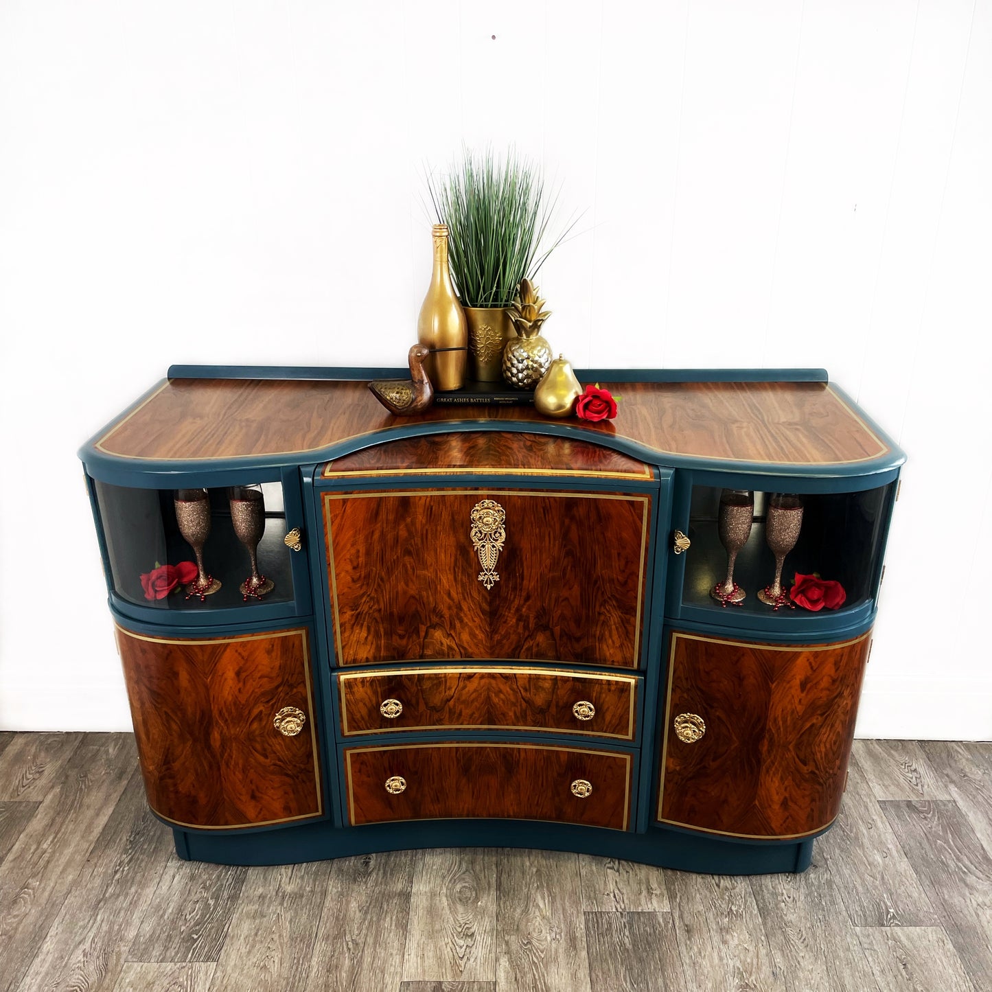 Beautility 1950s Blue Walnut Cocktail Cabinet Sideboard