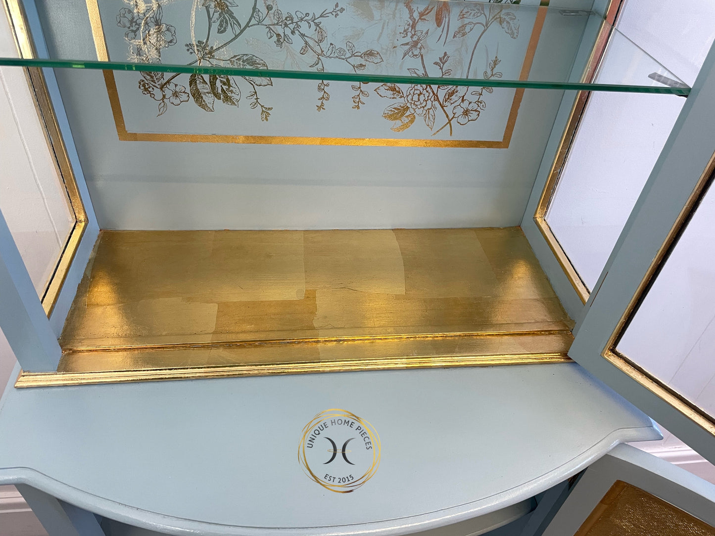 Antique Edwardian Light Blue And Gold Display Cabinet