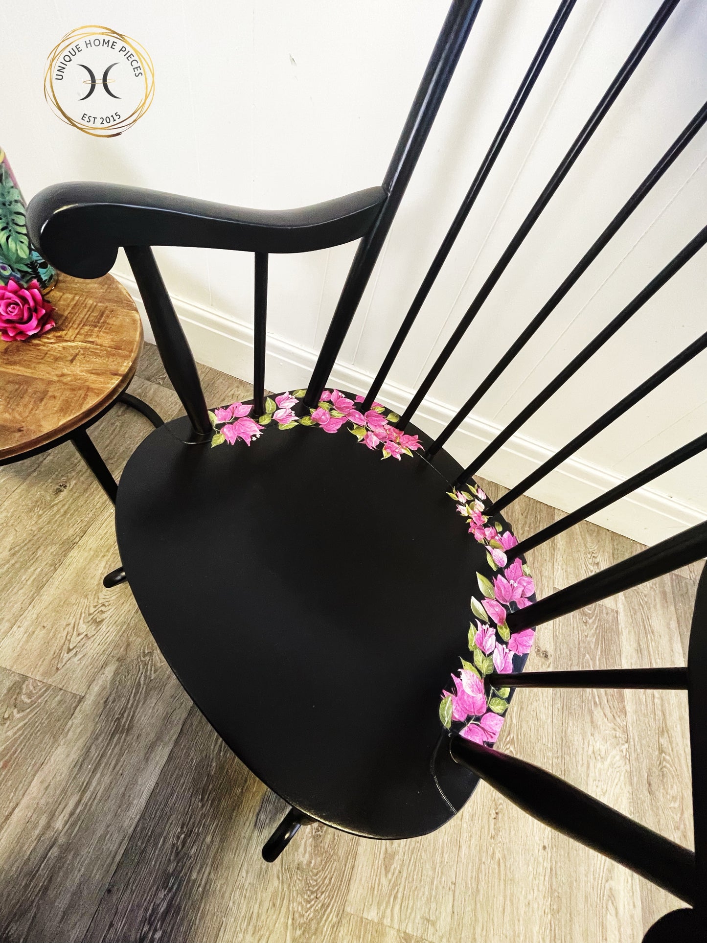 Black Vintage Wheel back Rocking Chair with Pink Wildflower Design