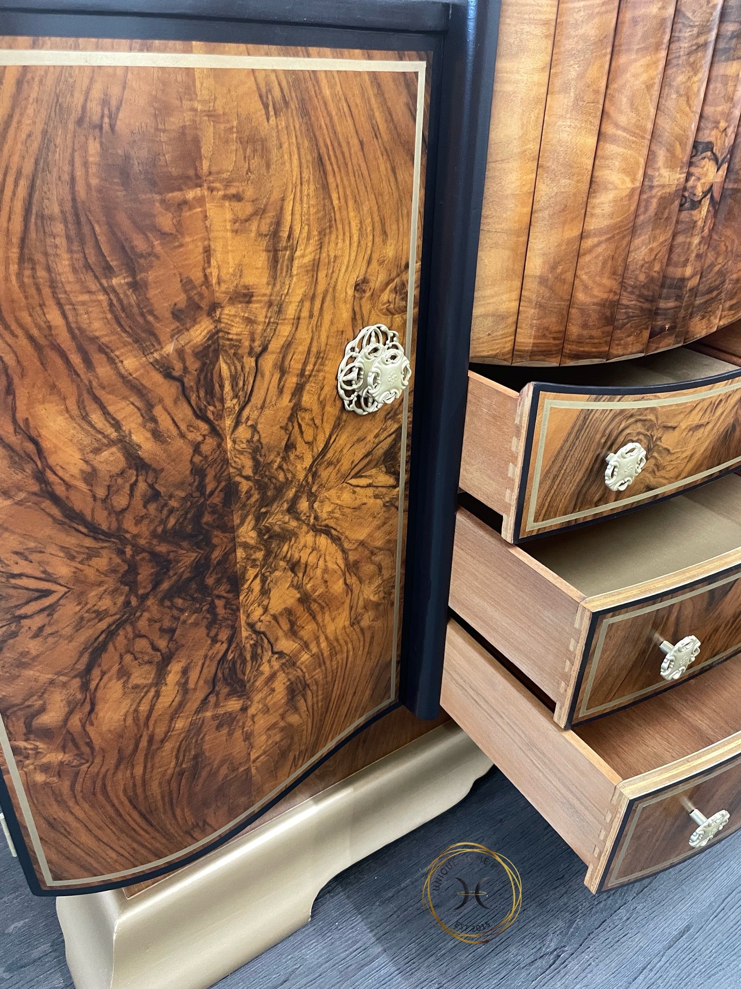 Large Rare Ronson Black Gold Walnut Art Deco Cocktail Cabinet