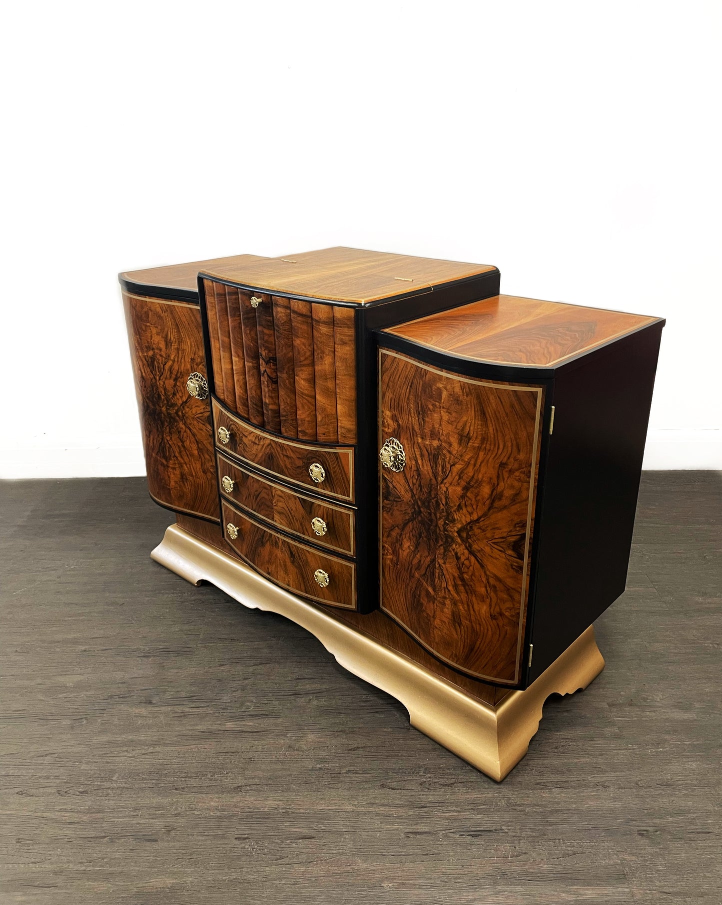 Large Rare Ronson Black Gold Walnut Art Deco Cocktail Cabinet