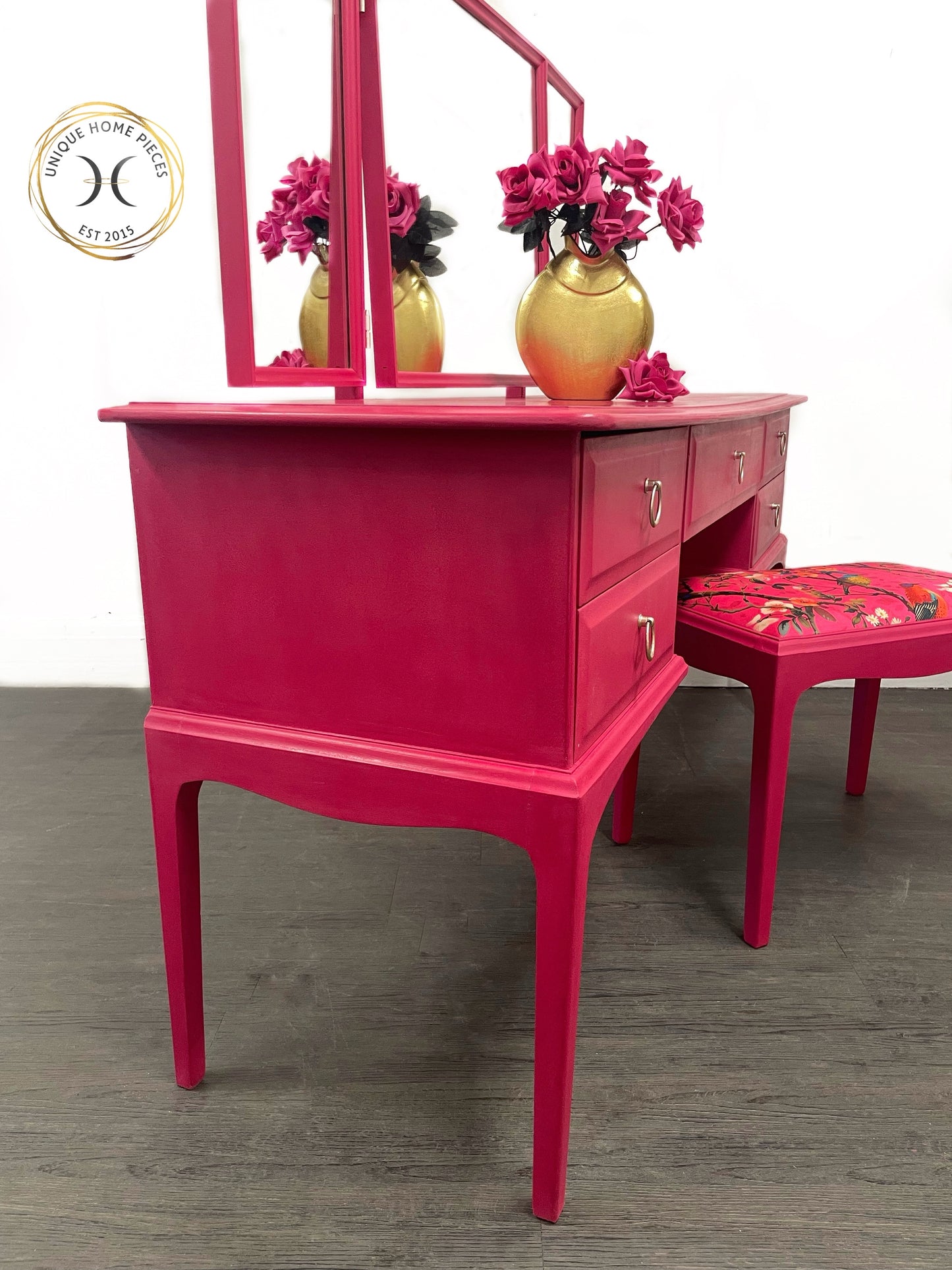 Stag Hot Pink 5 Drawer Mirrored Dressing Table With Stool