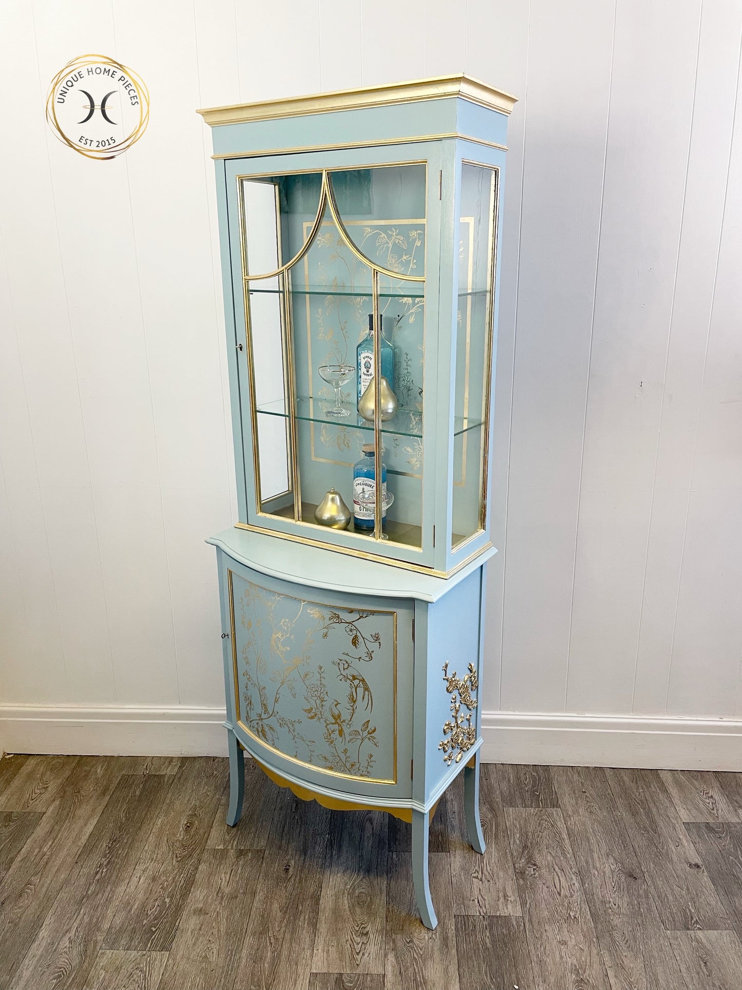 Antique Edwardian Light Blue And Gold Display Cabinet