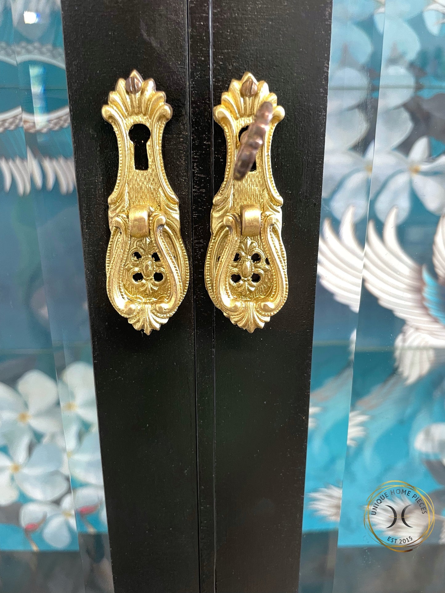 Black Bespoke Bevelled Glass Door Display Cabinet, Queen Anne Legs,Turquoise Crane Bird Design