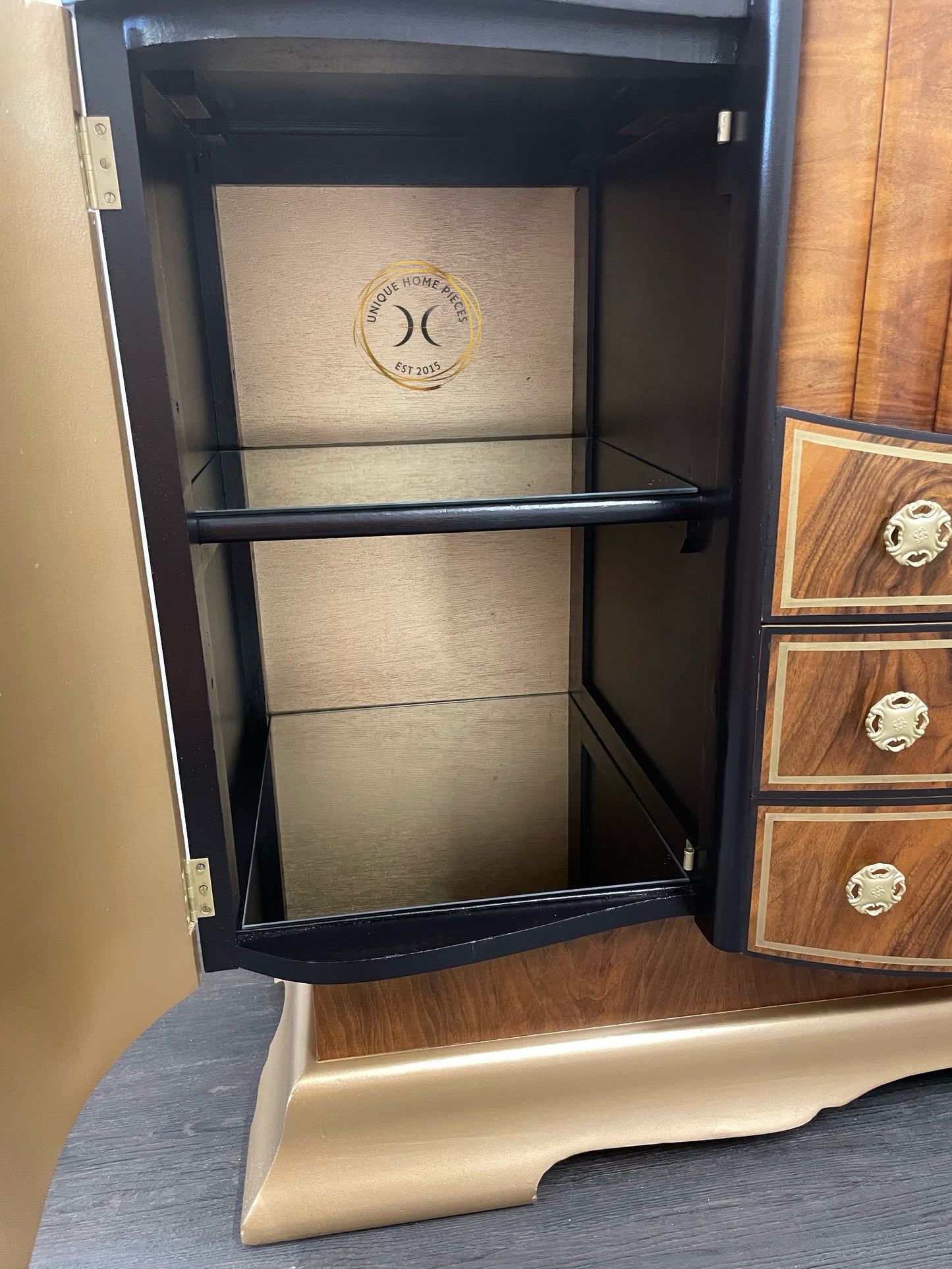 Large Rare Ronson Black Gold Walnut Art Deco Cocktail Cabinet