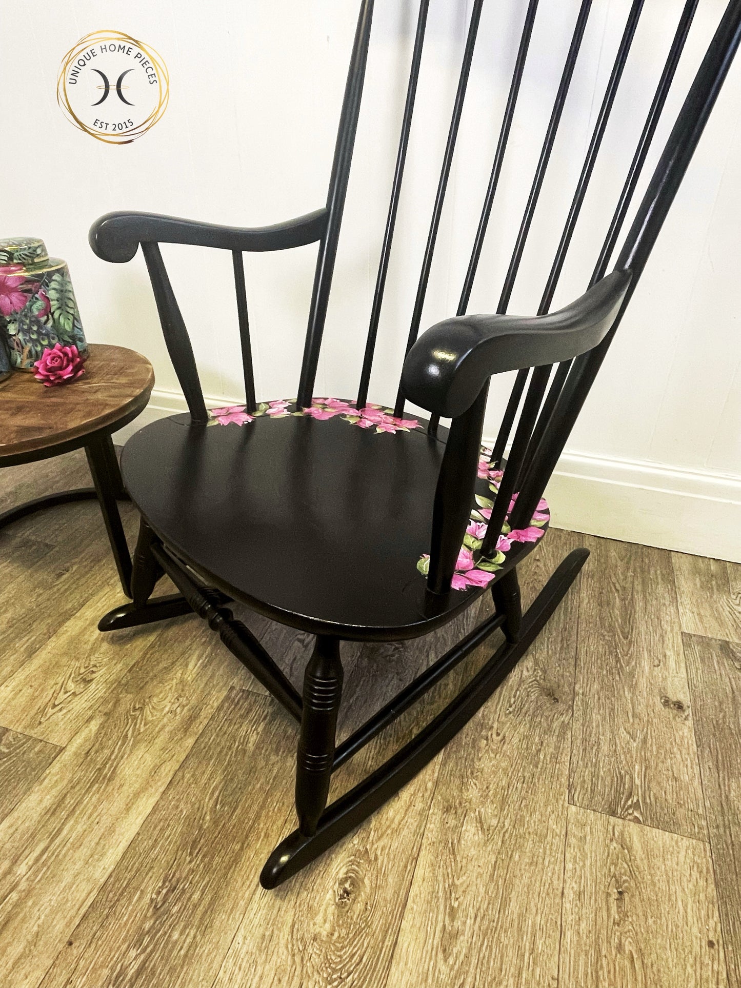Black Vintage Wheel back Rocking Chair with Pink Wildflower Design