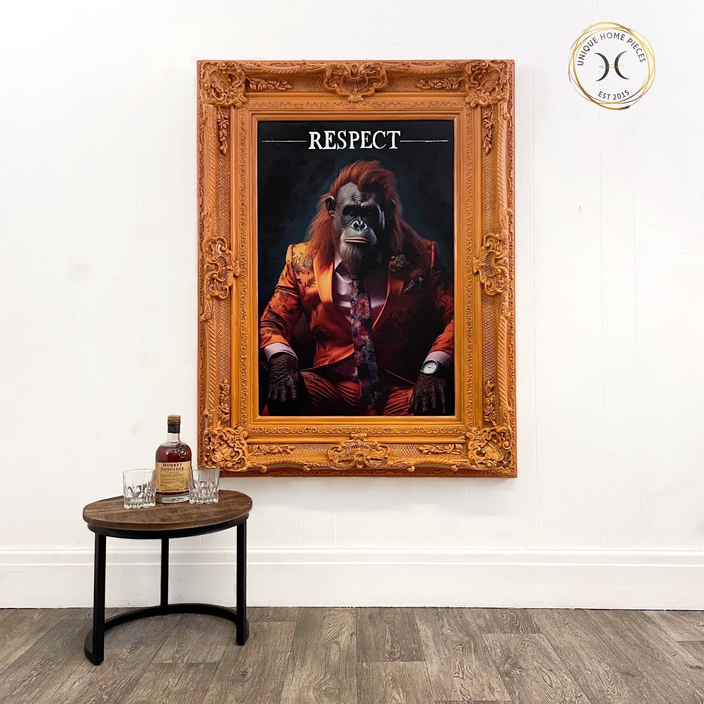 Orangutan Wall Art With Orange Ornate Picture Frame.