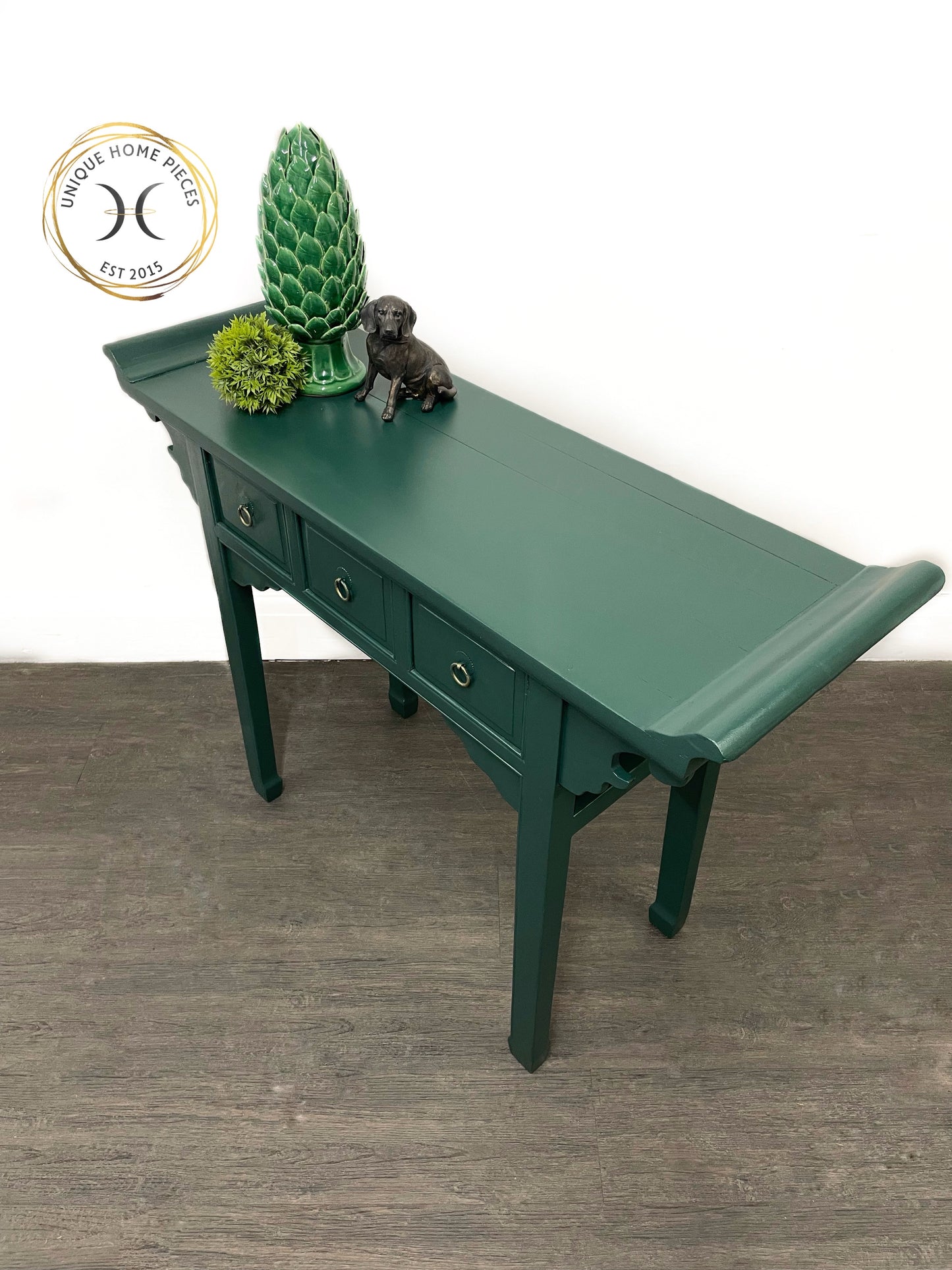 Green Rustic Oriental Style 3 Drawer Console Table/Desk