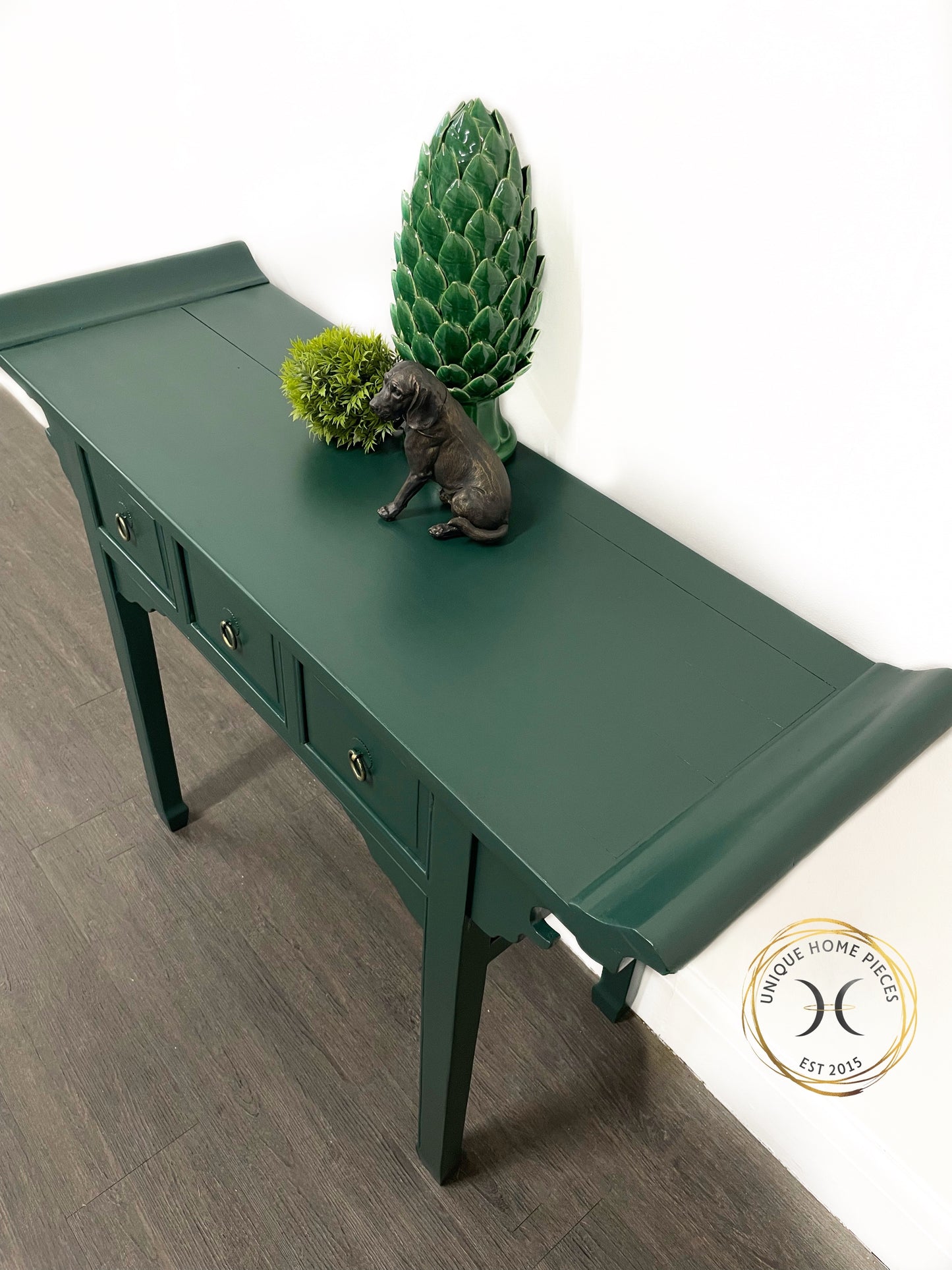 Green Rustic Oriental Style 3 Drawer Console Table/Desk