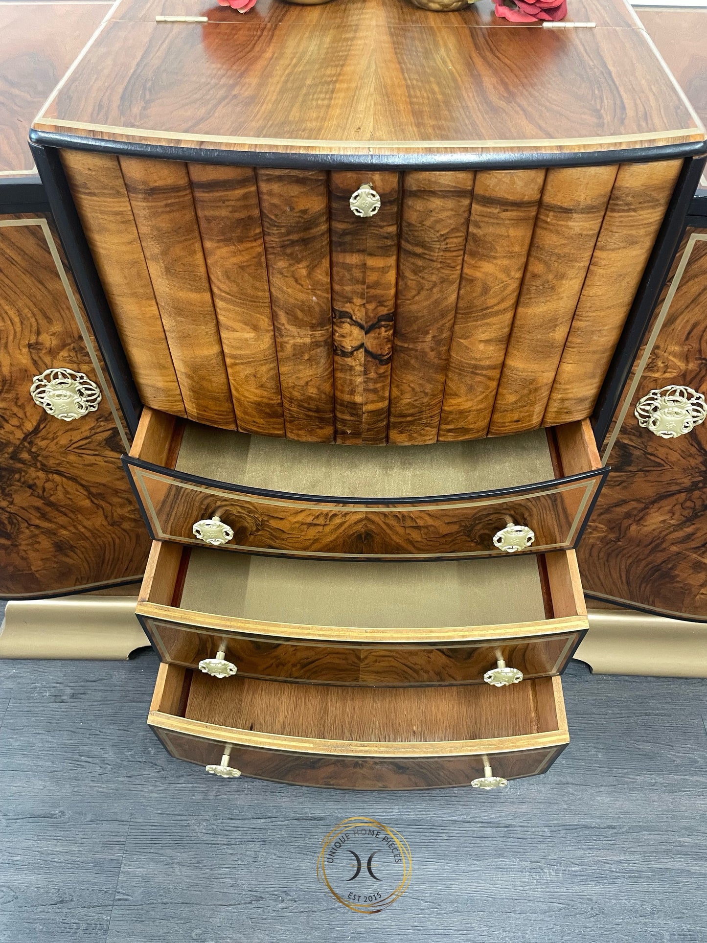 Large Rare Ronson Black Gold Walnut Art Deco Cocktail Cabinet