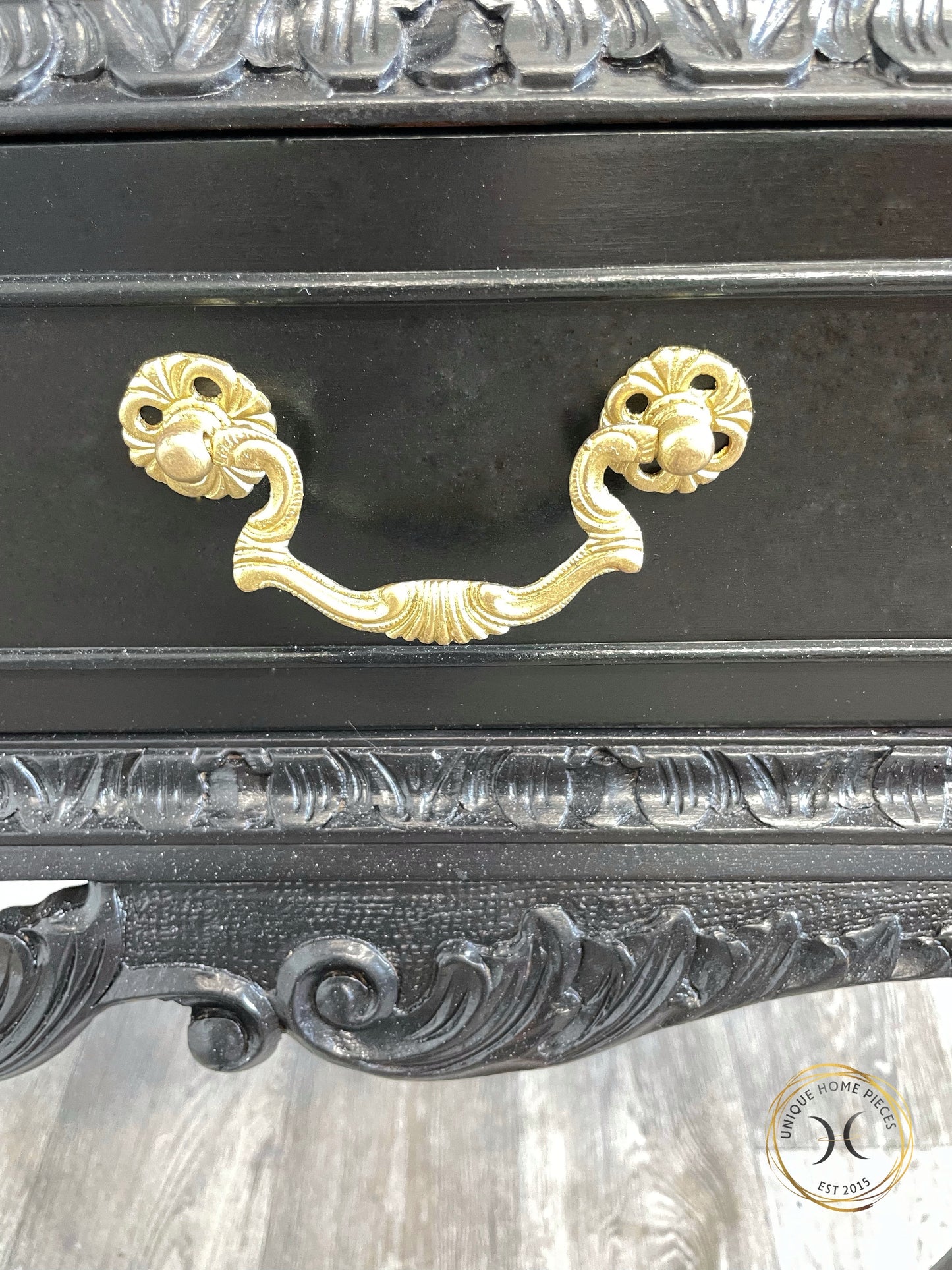 Black Bespoke Bevelled Glass Door Display Cabinet, Queen Anne Legs,Turquoise Crane Bird Design
