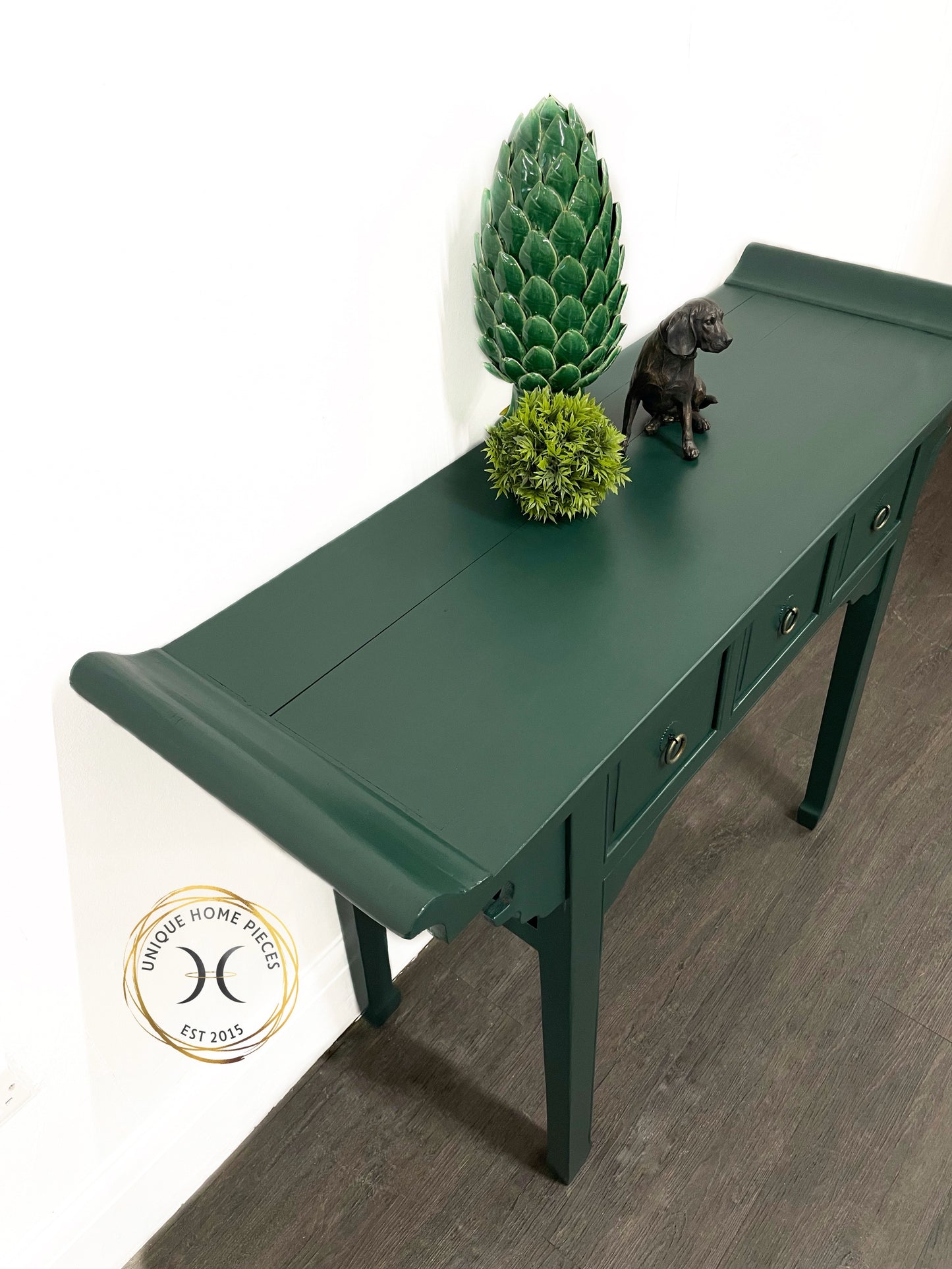 Green Rustic Oriental Style 3 Drawer Console Table/Desk