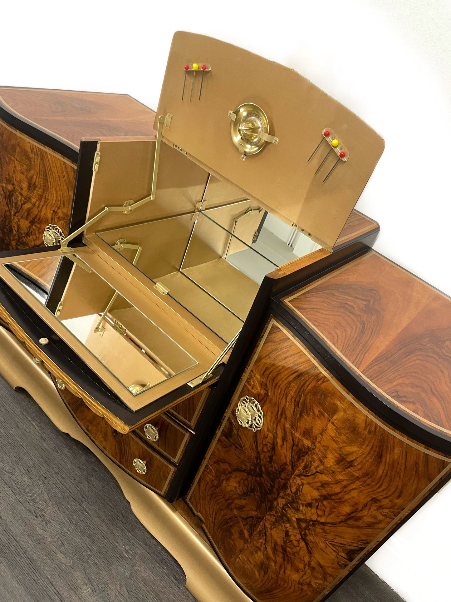 Large Rare Ronson Black Gold Walnut Art Deco Cocktail Cabinet