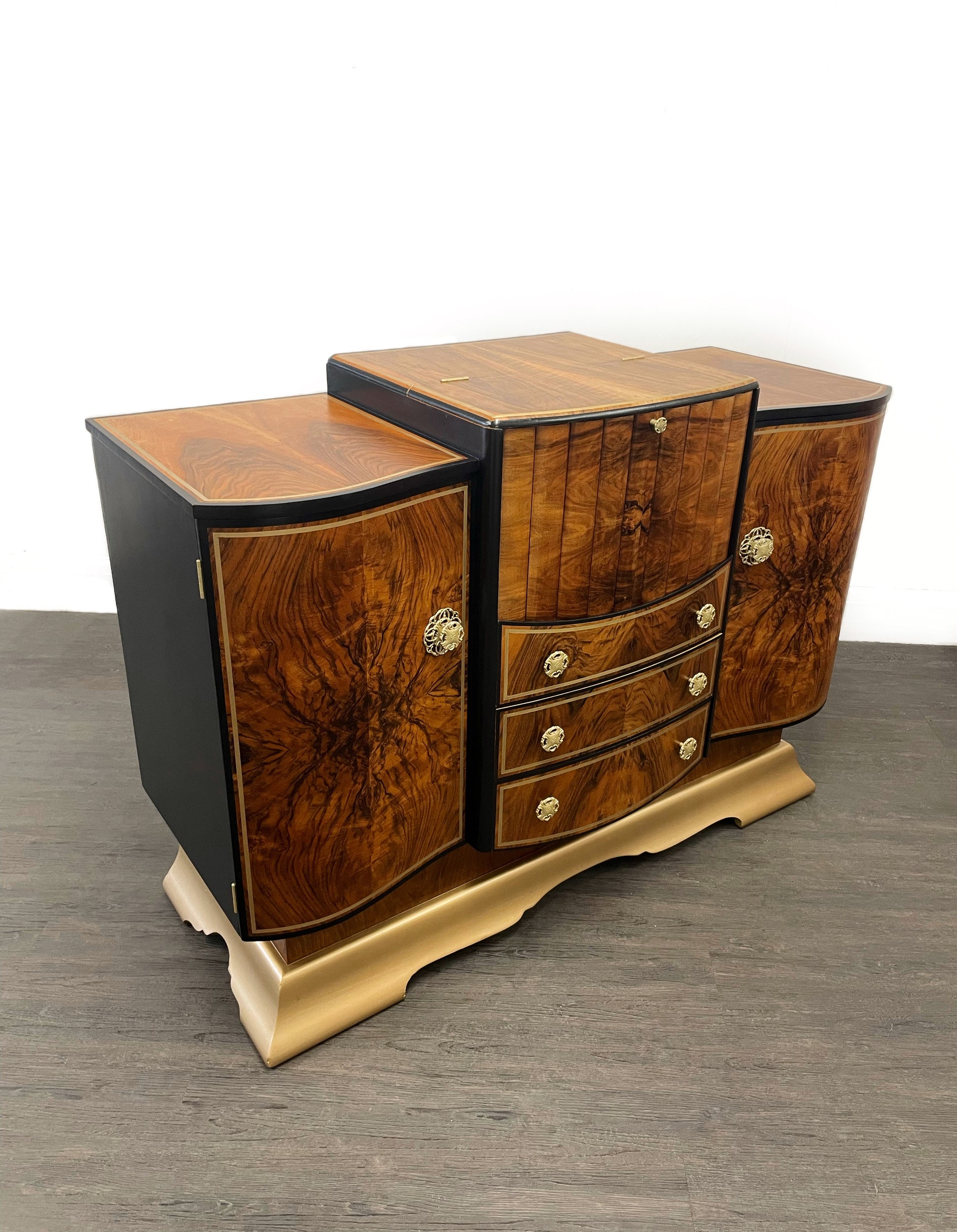 Large Rare Ronson Black Gold Walnut Art Deco Cocktail Cabinet - Unique Home Pieces