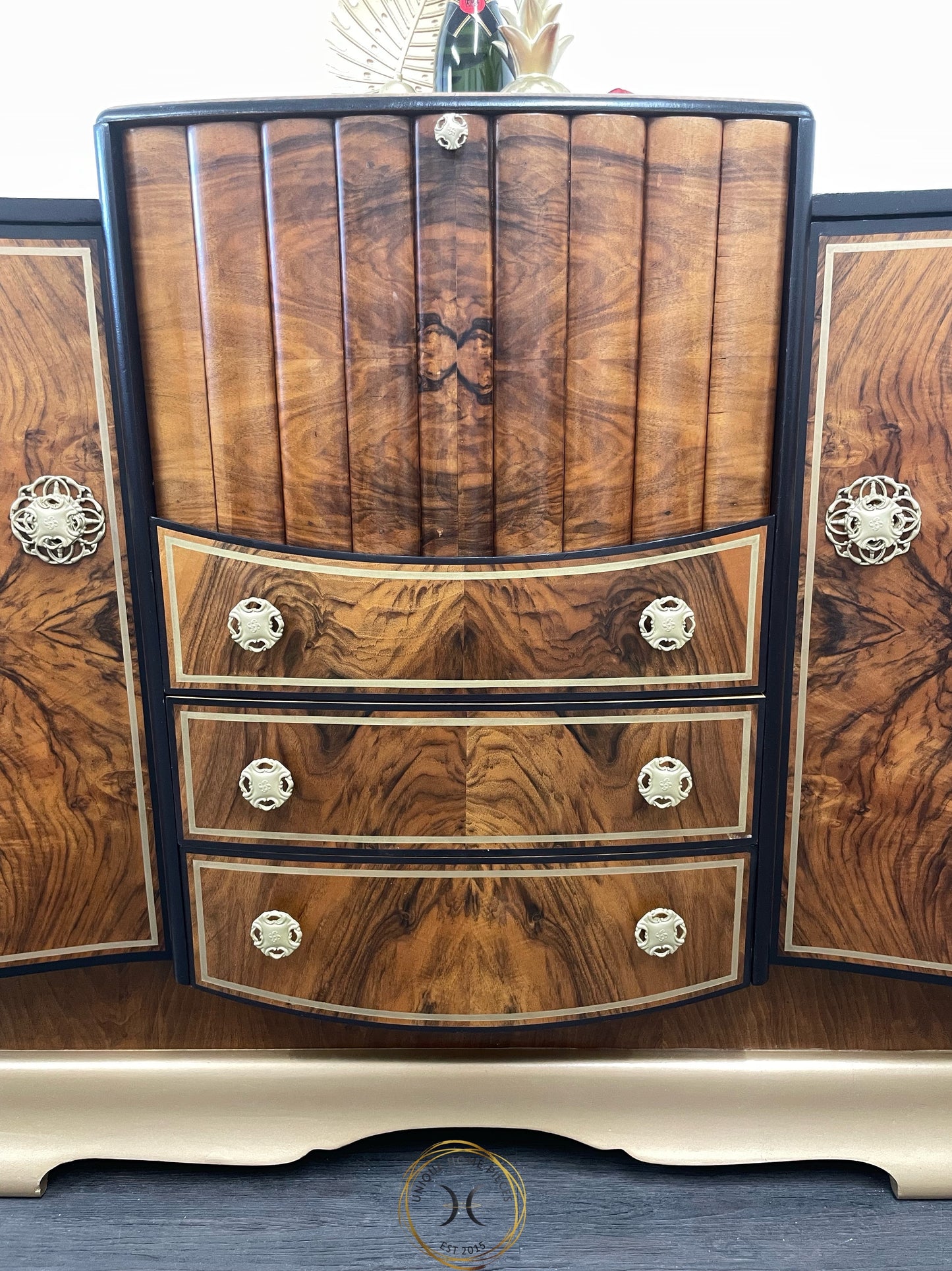 Large Rare Ronson Black Gold Walnut Art Deco Cocktail Cabinet