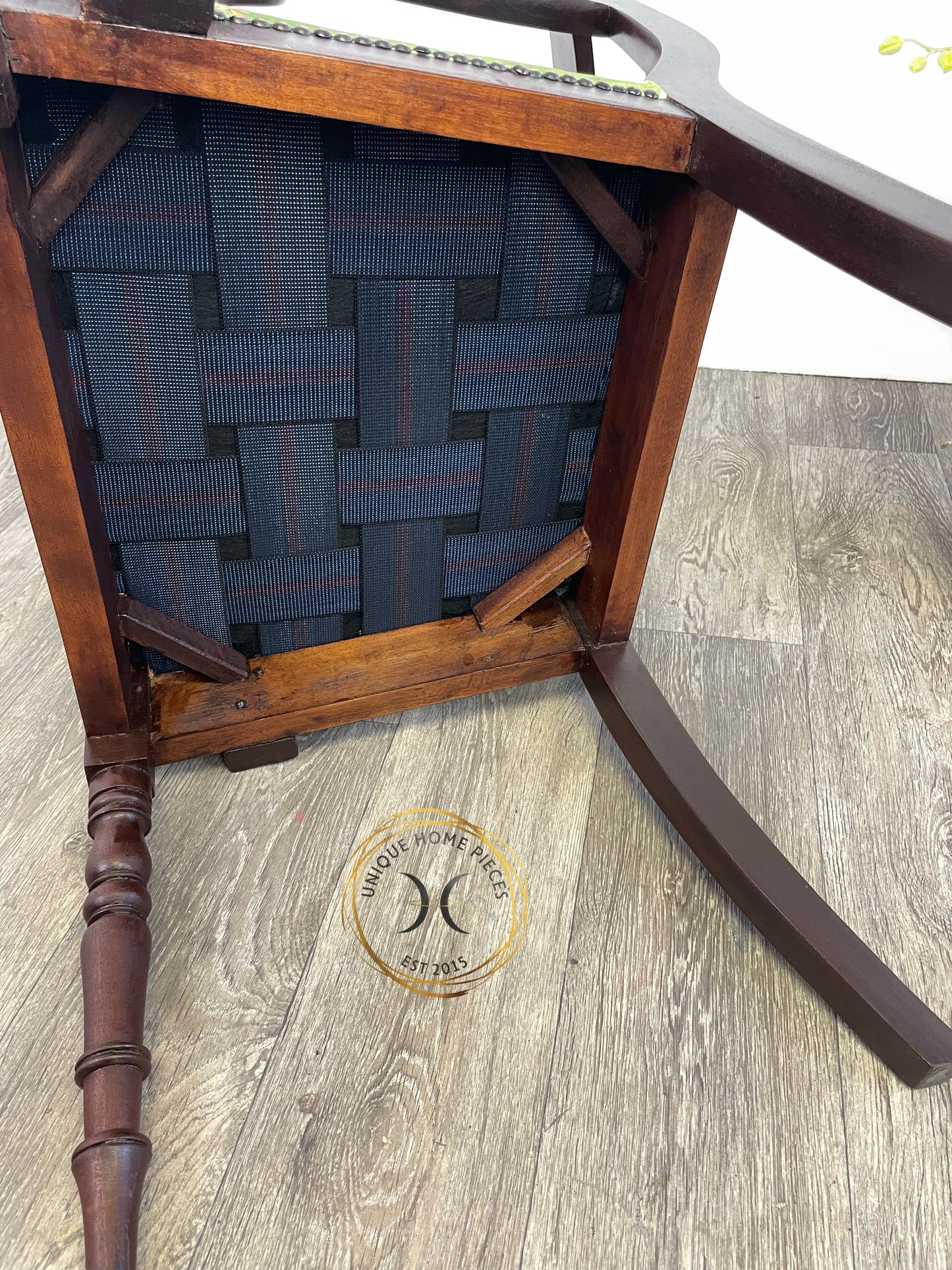 Antique English Regency Mahogany Scroll Arm Desk Chair With Green Velvet Material.
