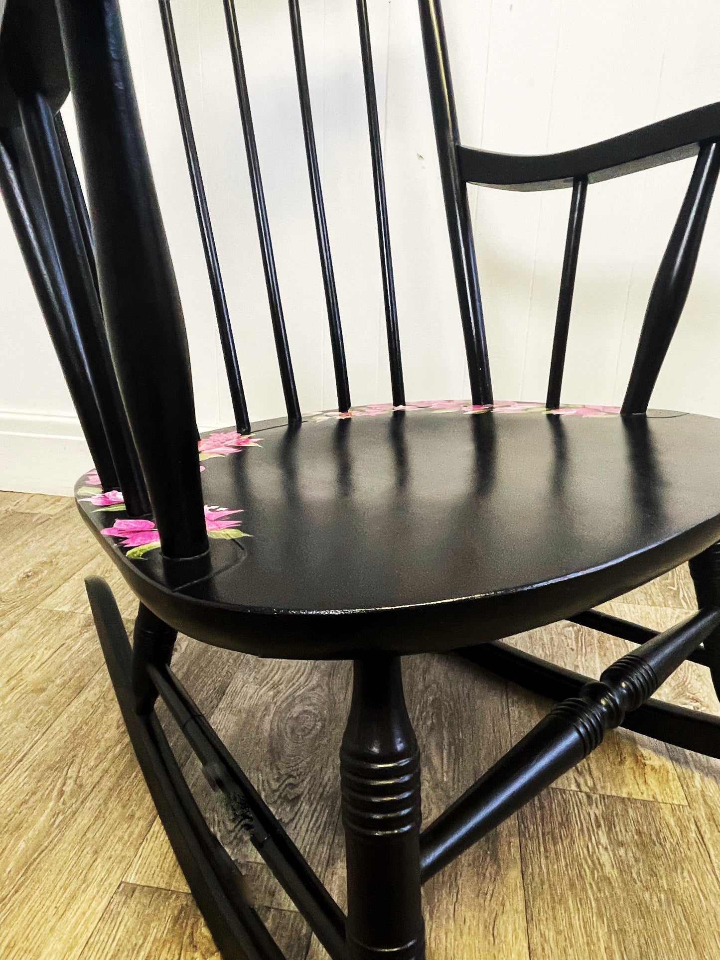 Black Vintage Wheel back Rocking Chair with Pink Wildflower Design