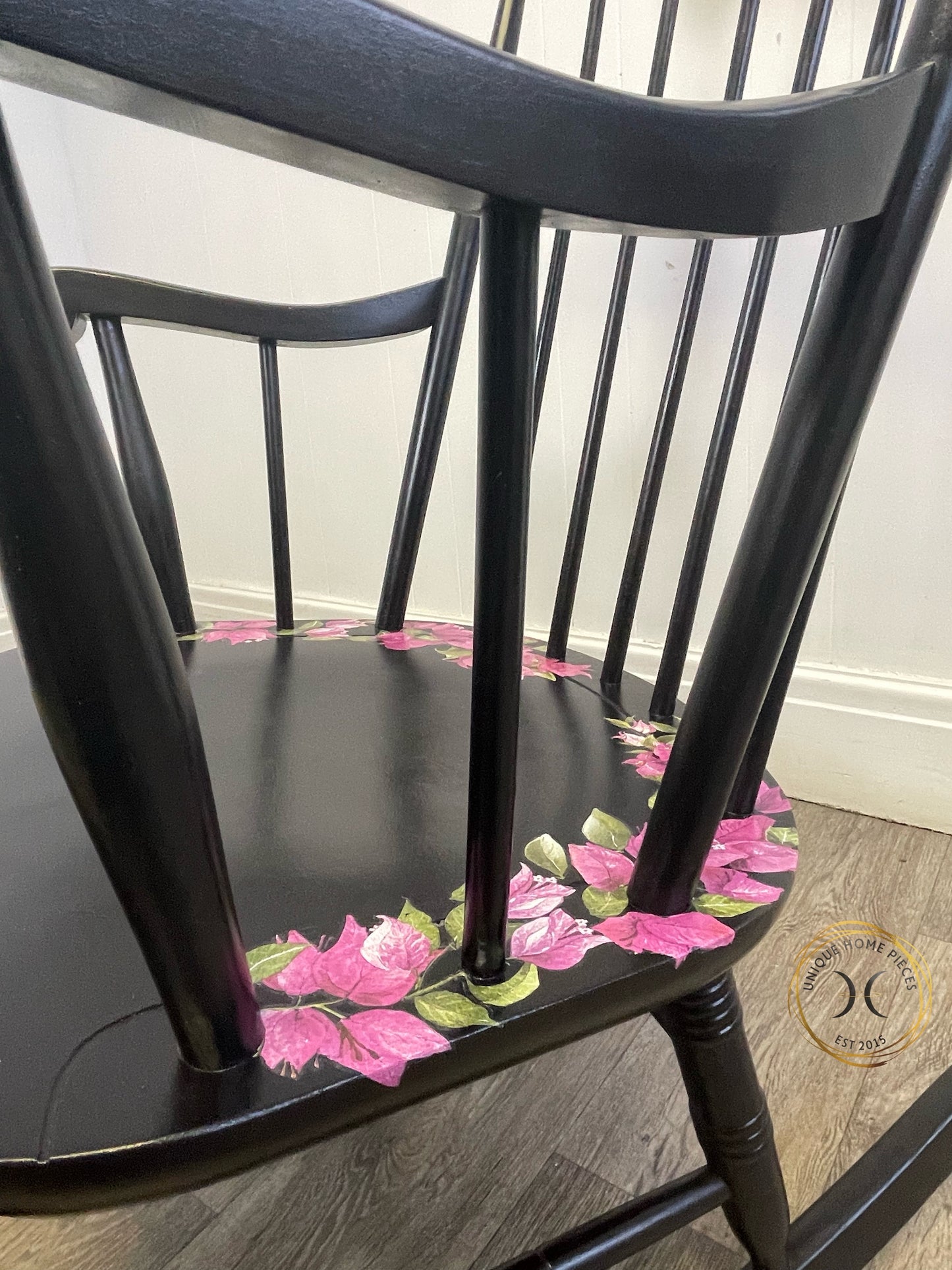 Black Vintage Wheel back Rocking Chair with Pink Wildflower Design