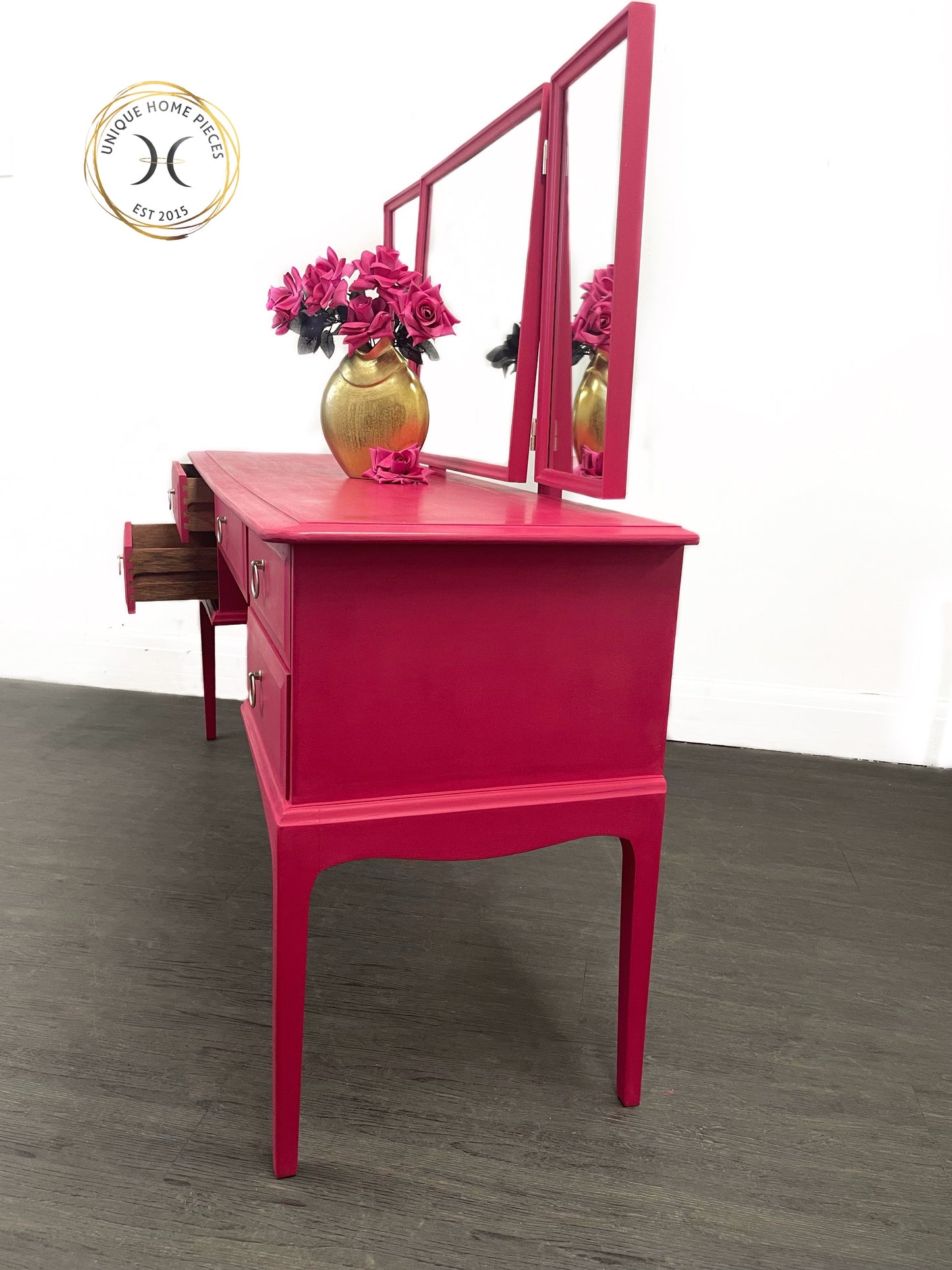 Stag Hot Pink 5 Drawer Mirrored Dressing Table With Stool