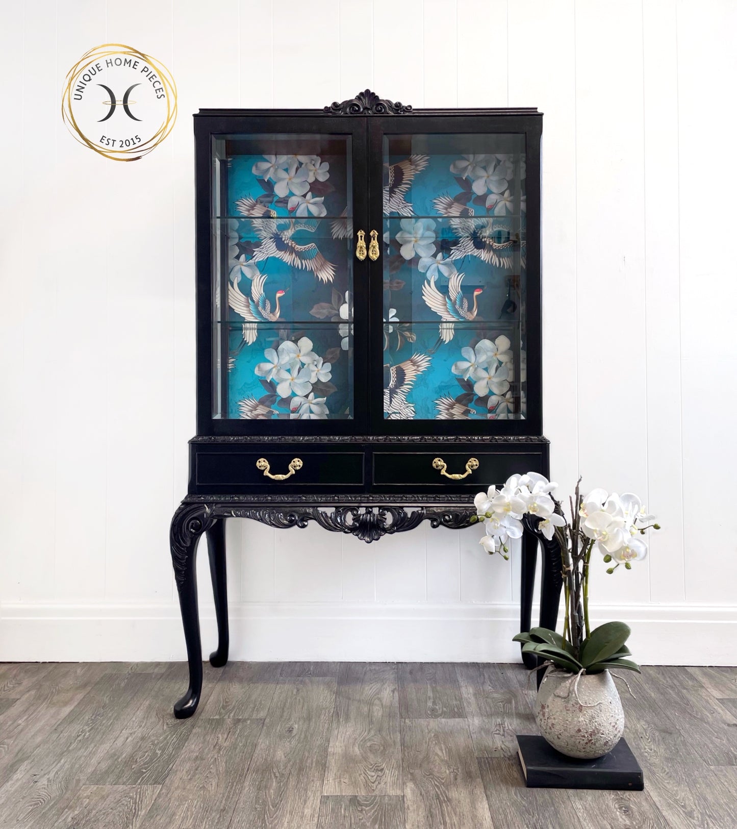 Black Bespoke Bevelled Glass Door Display Cabinet, Queen Anne Legs,Turquoise Crane Bird Design