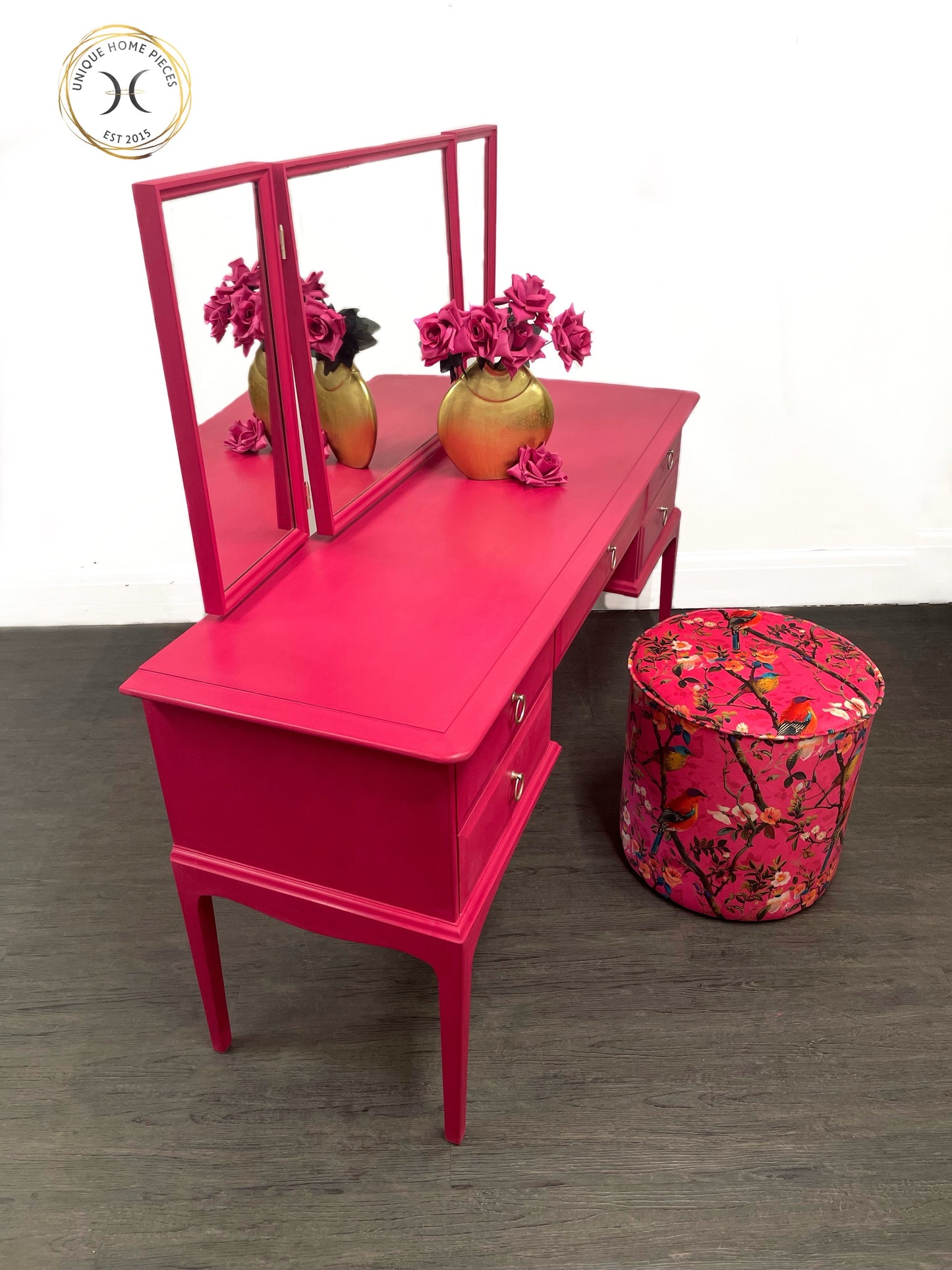 Bespoke Handmade Hot Pink Bird Drum Stool/Dressing Table Stool