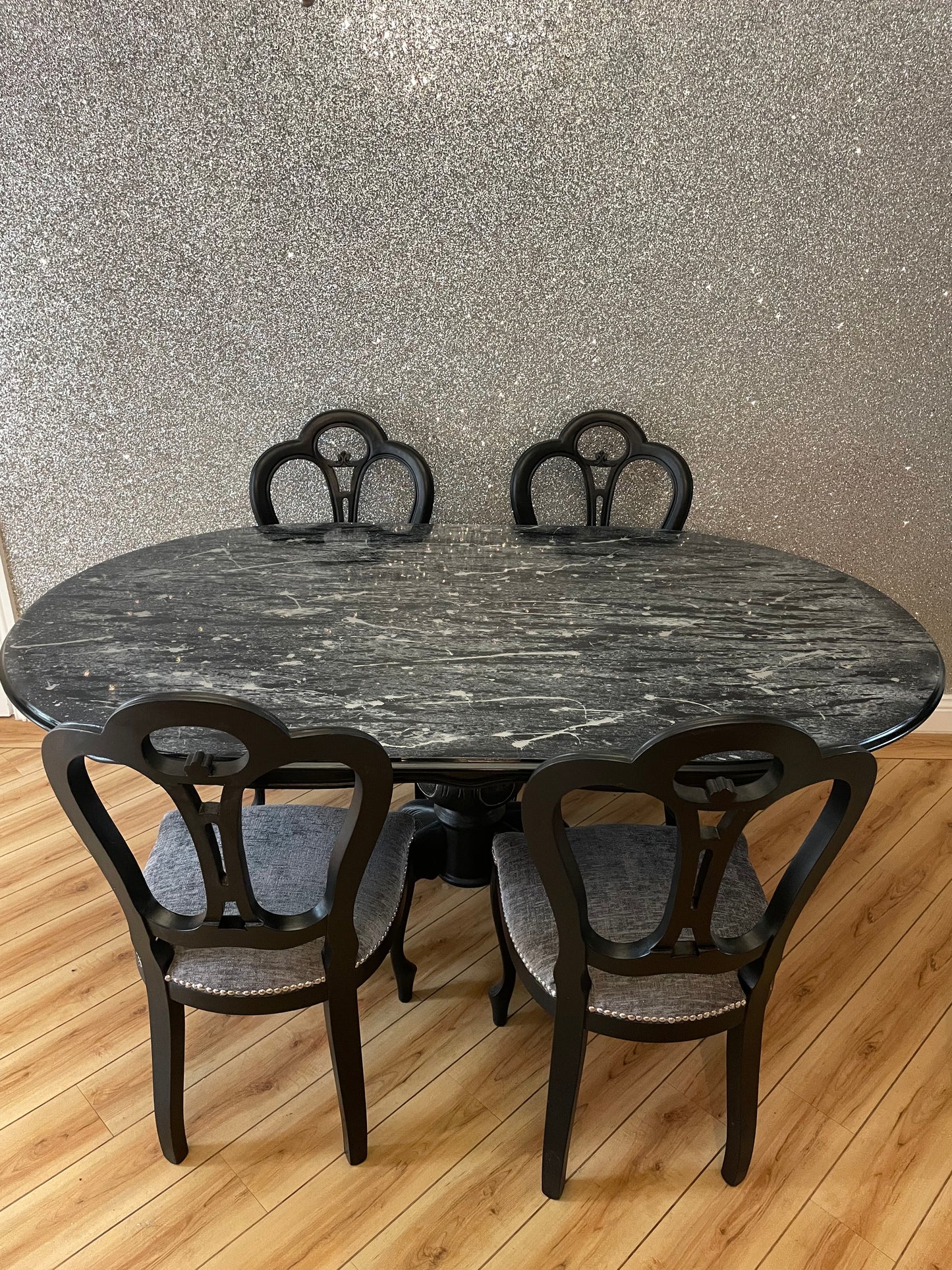 Epoxy Resin Dining Table Black, White, Grey, Silver Design And 4 Chairs