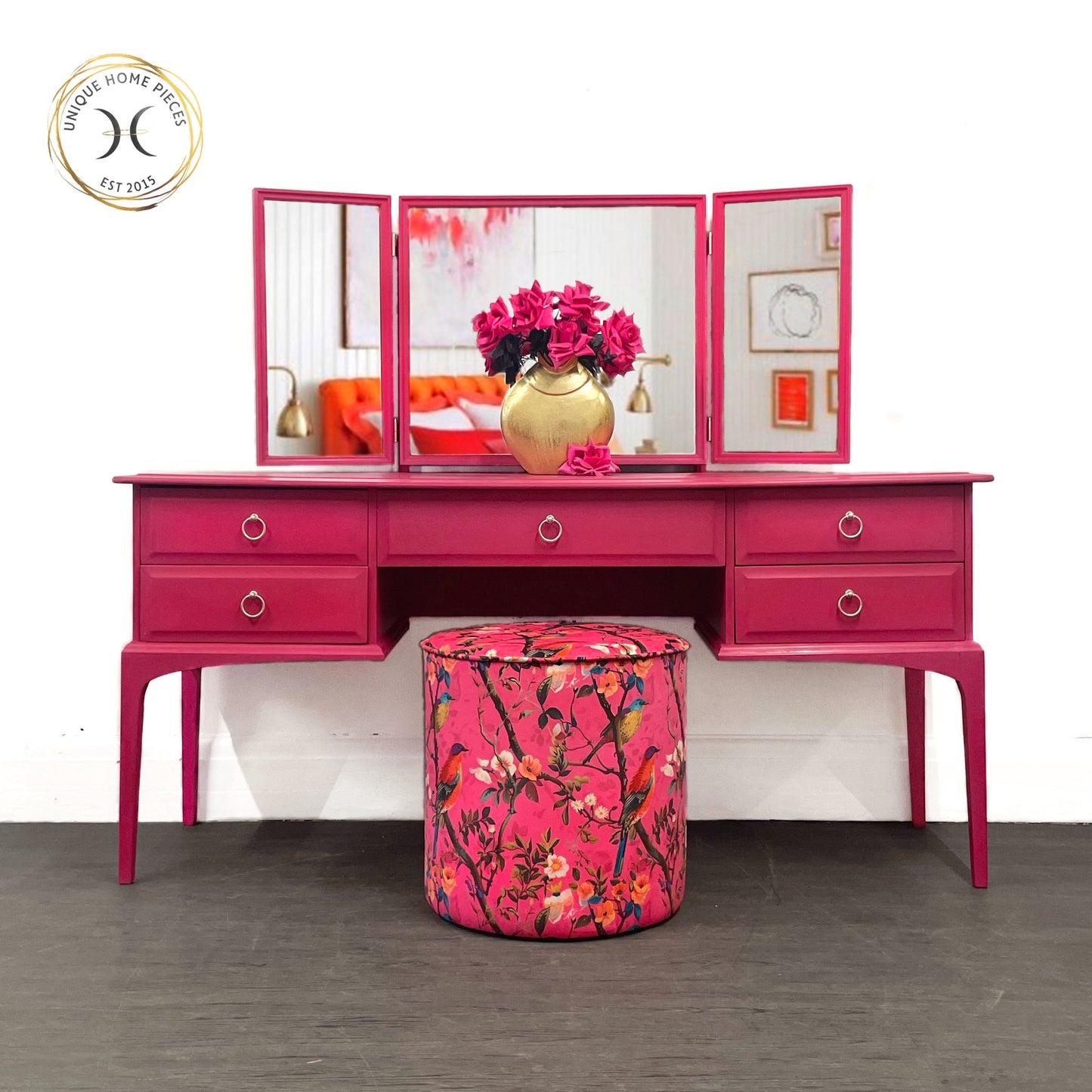 Bespoke Handmade Hot Pink Bird Drum Stool/Dressing Table Stool