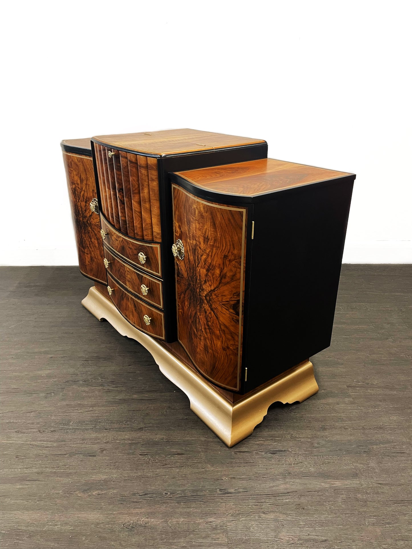 Large Rare Ronson Black Gold Walnut Art Deco Cocktail Cabinet