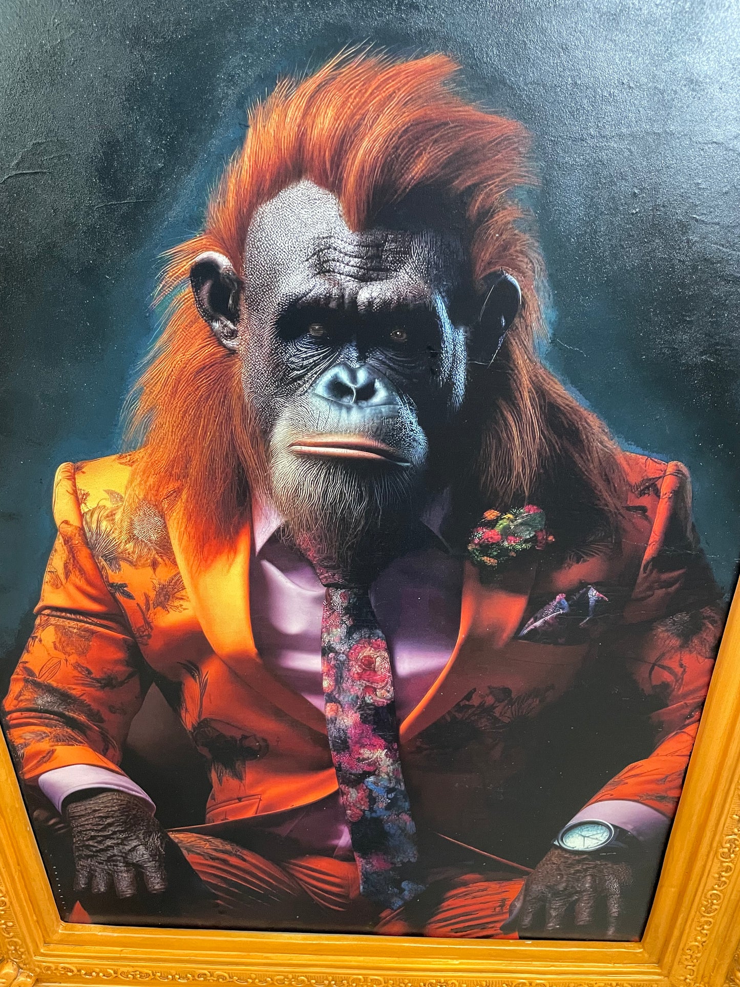 Orangutan Wall Art With Orange Ornate Picture Frame.