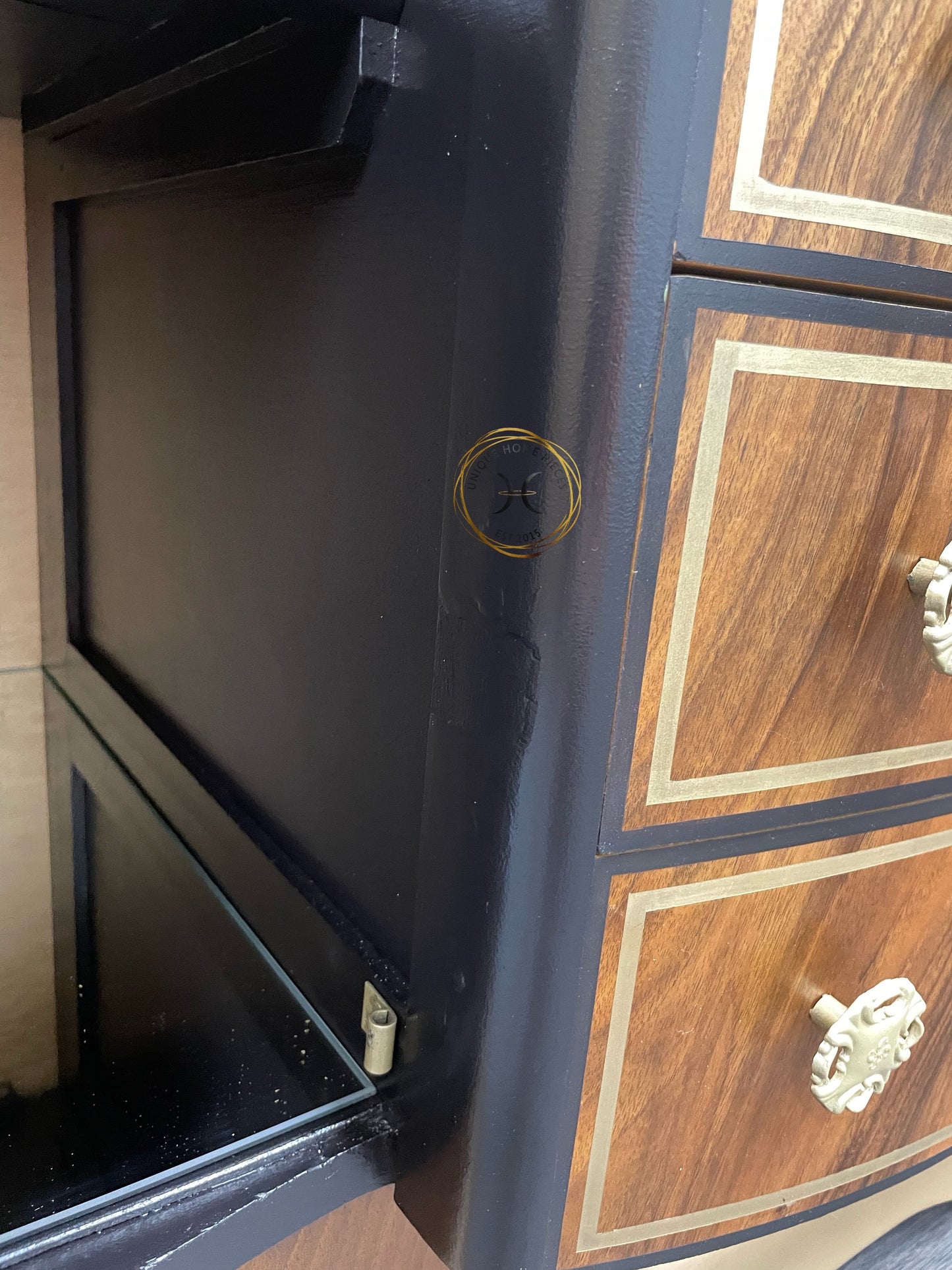 Large Rare Ronson Black Gold Walnut Art Deco Cocktail Cabinet
