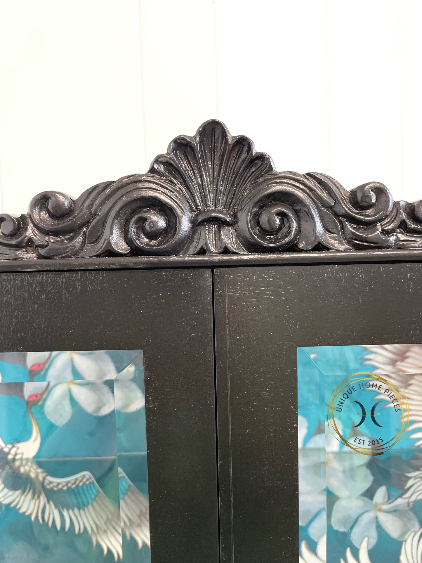 Black Bespoke Bevelled Glass Door Display Cabinet, Queen Anne Legs,Turquoise Crane Bird Design