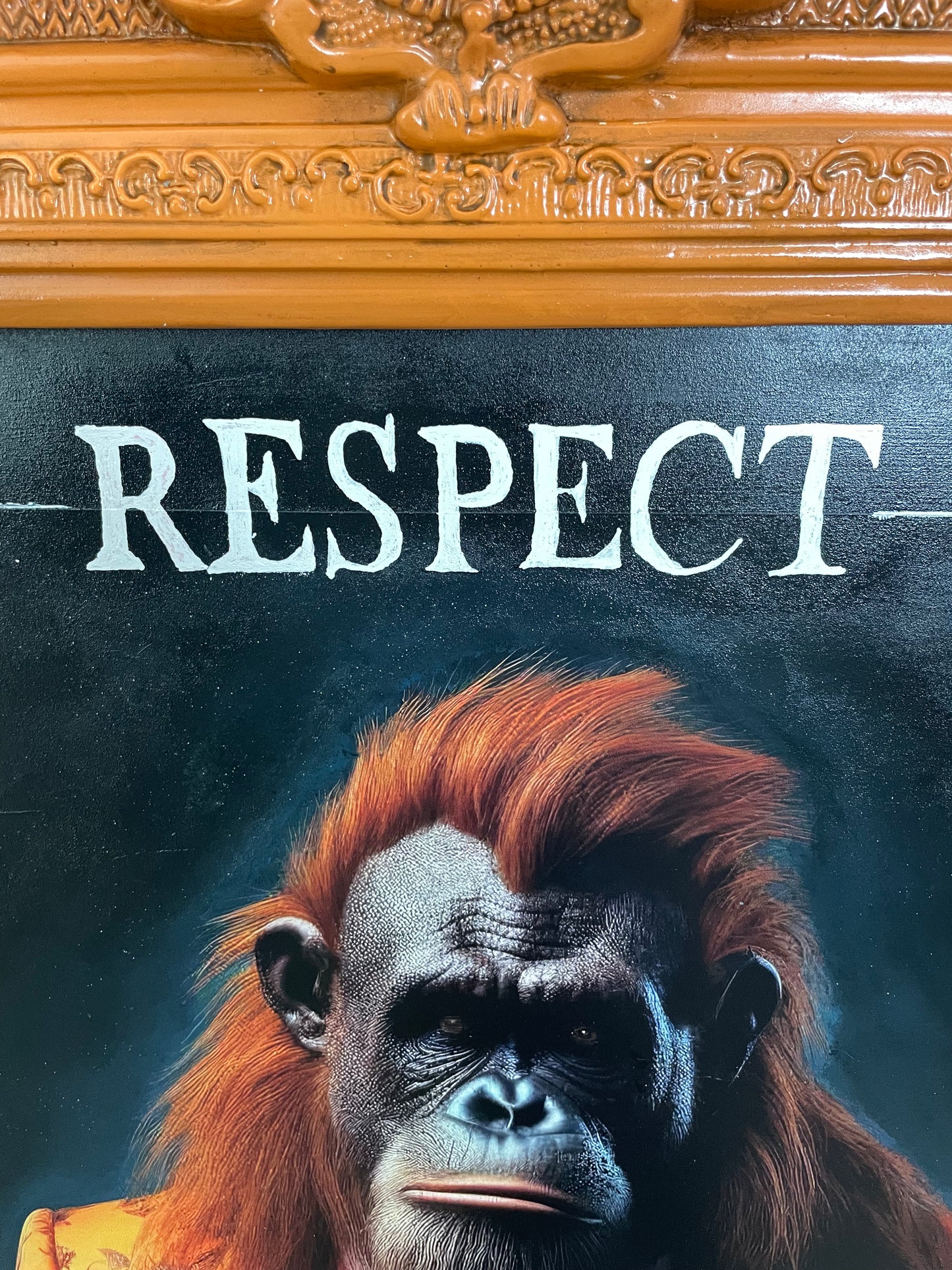Orangutan Wall Art With Orange Ornate Picture Frame.