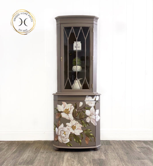 Beige Brown Glazed Corner Cabinet With Magnolia Grandiflora Transfer