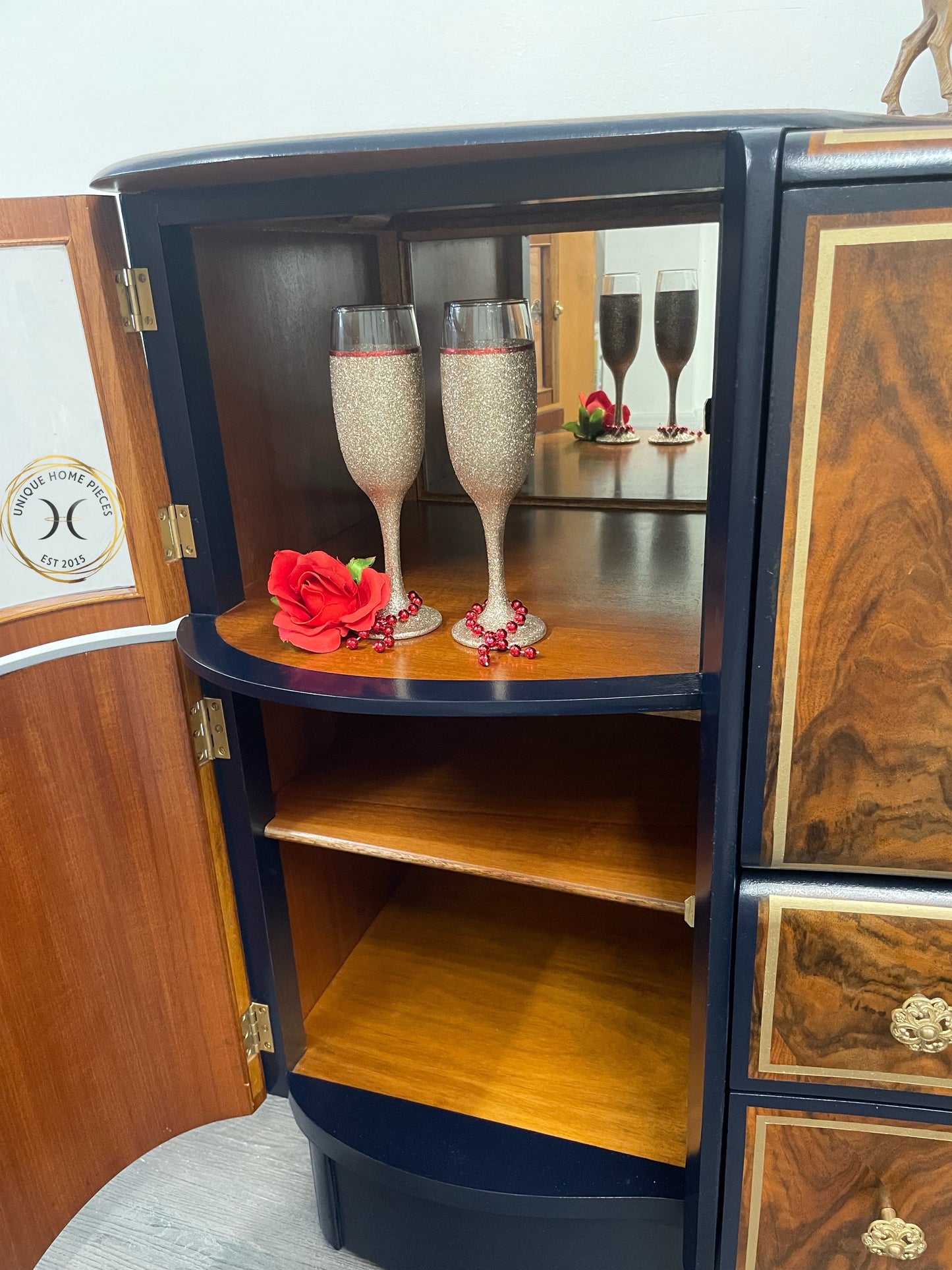 Beautility Navy/Oxford Blue And Gold Walnut Cocktail Cabinet/Bar/Drinks Cabinet