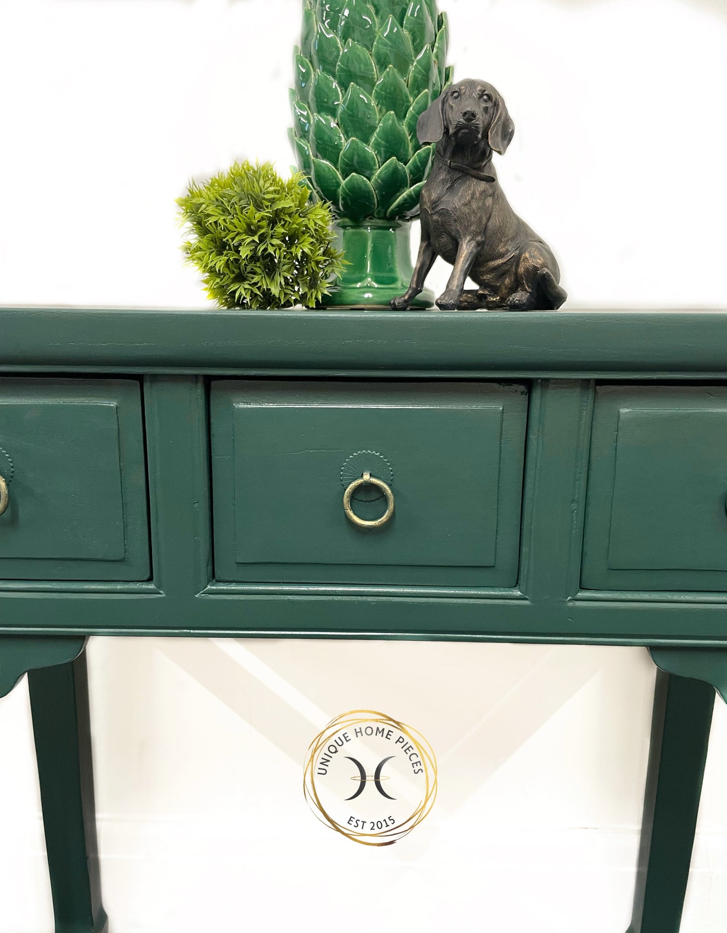 Green Rustic Oriental Style 3 Drawer Console Table/Desk