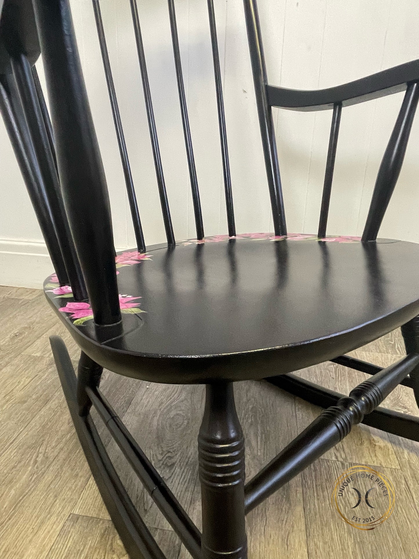 Black Vintage Wheel back Rocking Chair with Pink Wildflower Design