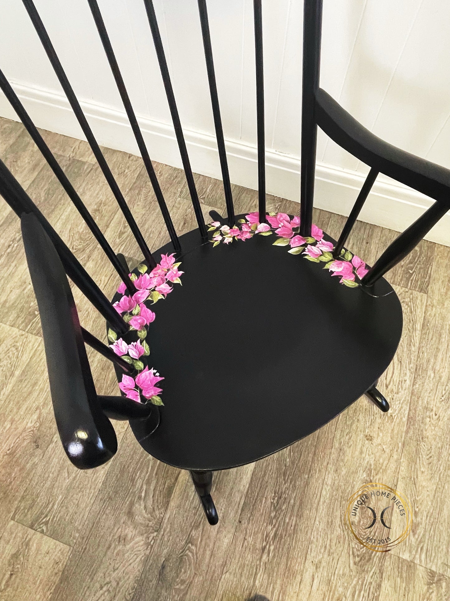 Black Vintage Wheel back Rocking Chair with Pink Wildflower Design