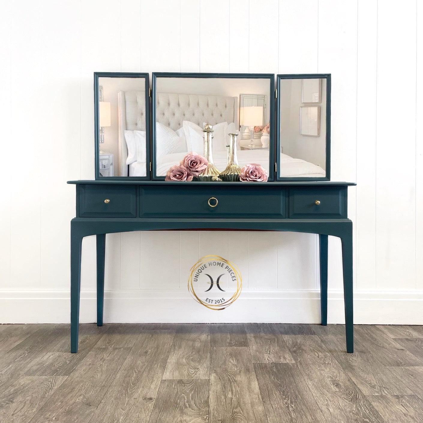Stag Blue 3 drawer, 3 movable mirrors, made in 1985, bespoke blue colour, handles have been clean and in their brass colour.