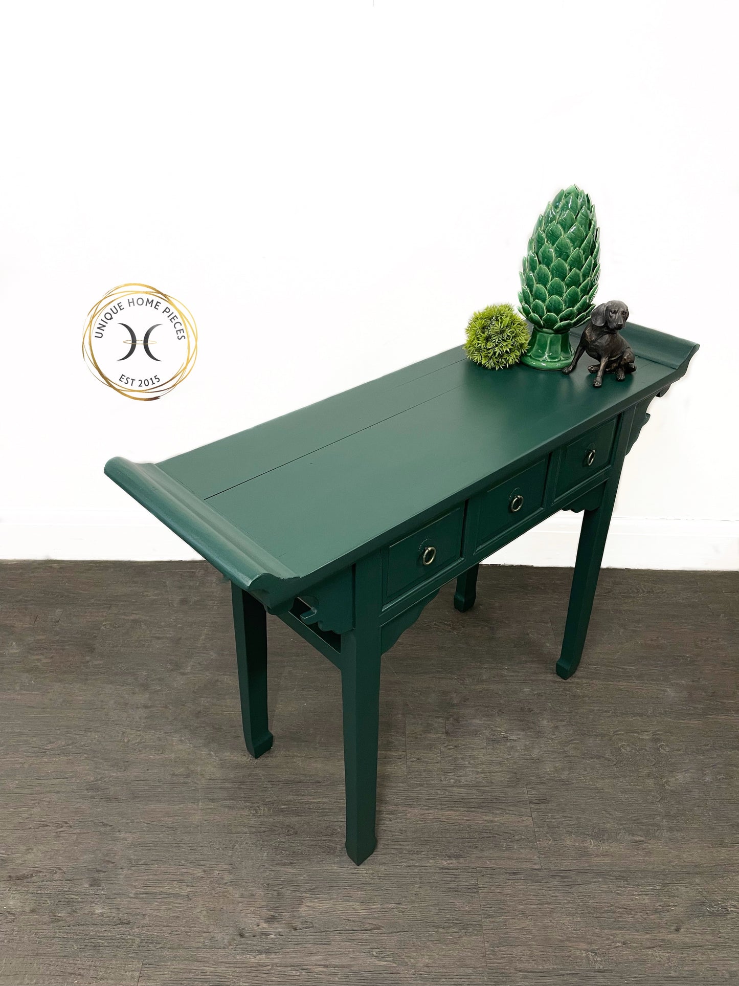 Green Rustic Oriental Style 3 Drawer Console Table/Desk