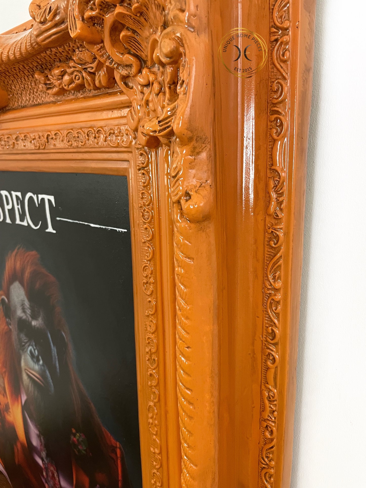 Orangutan Wall Art With Orange Ornate Picture Frame.