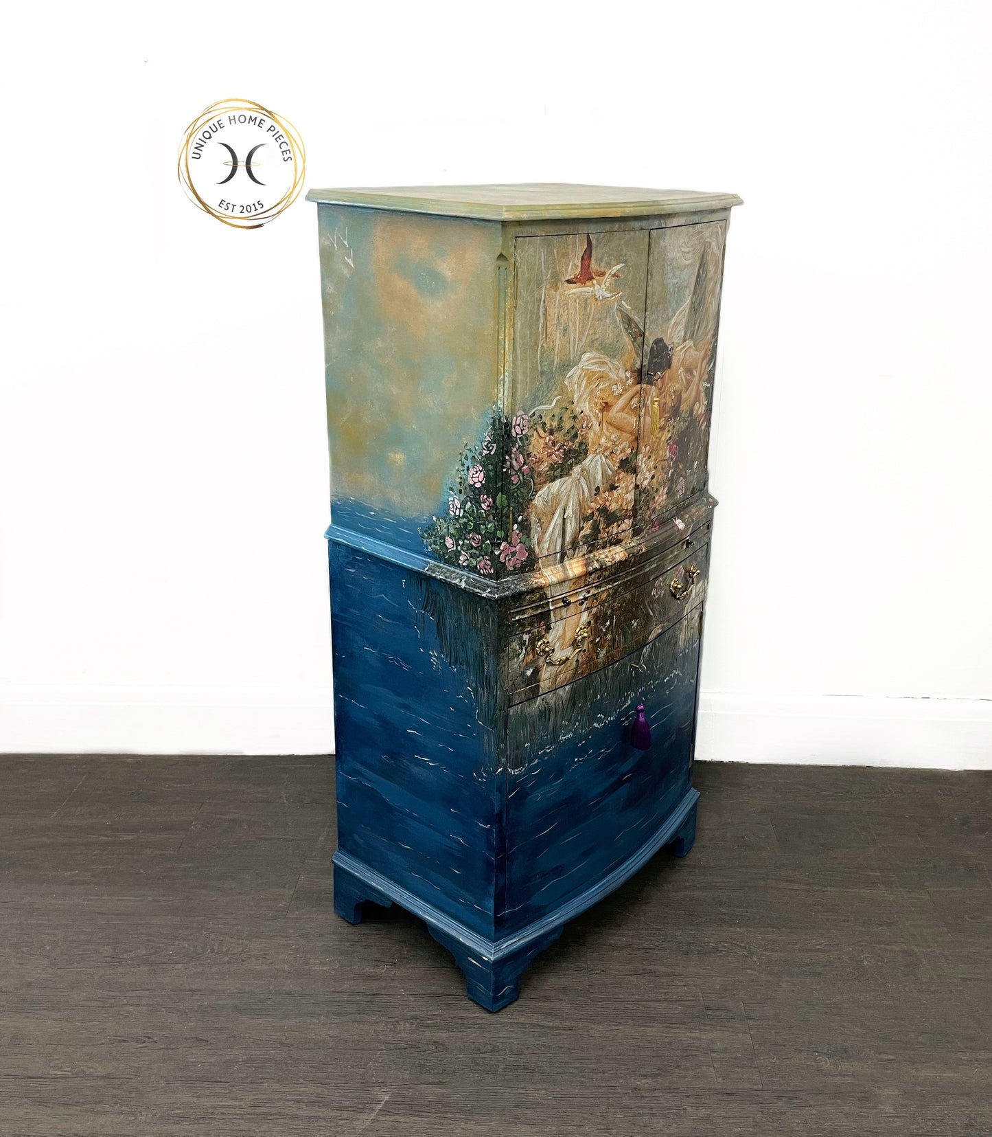 Whimsical Floral Fairies Hand Painted Drinks Cabinet.