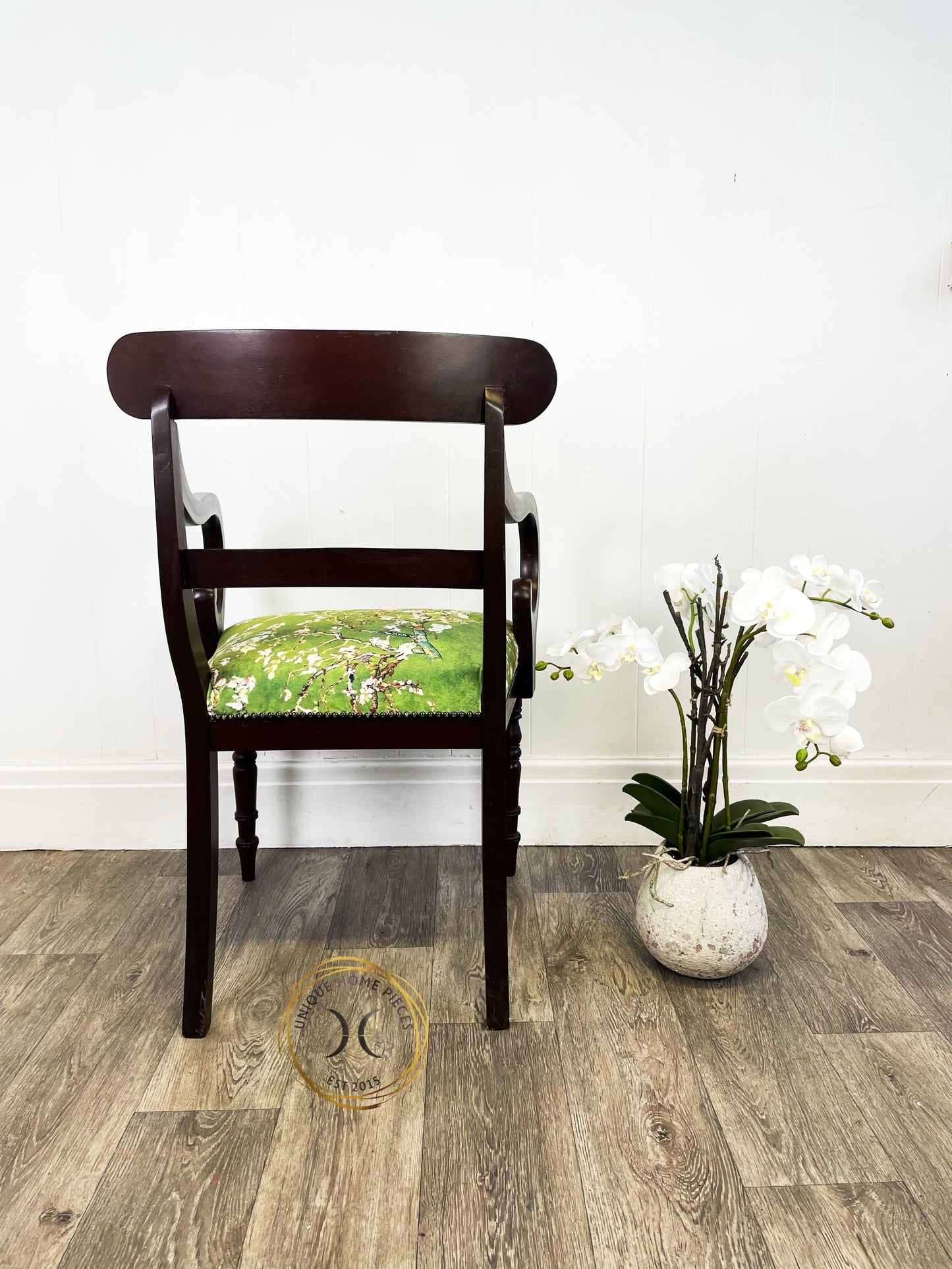 Antique English Regency Mahogany Scroll Arm Desk Chair With Green Velvet Material.
