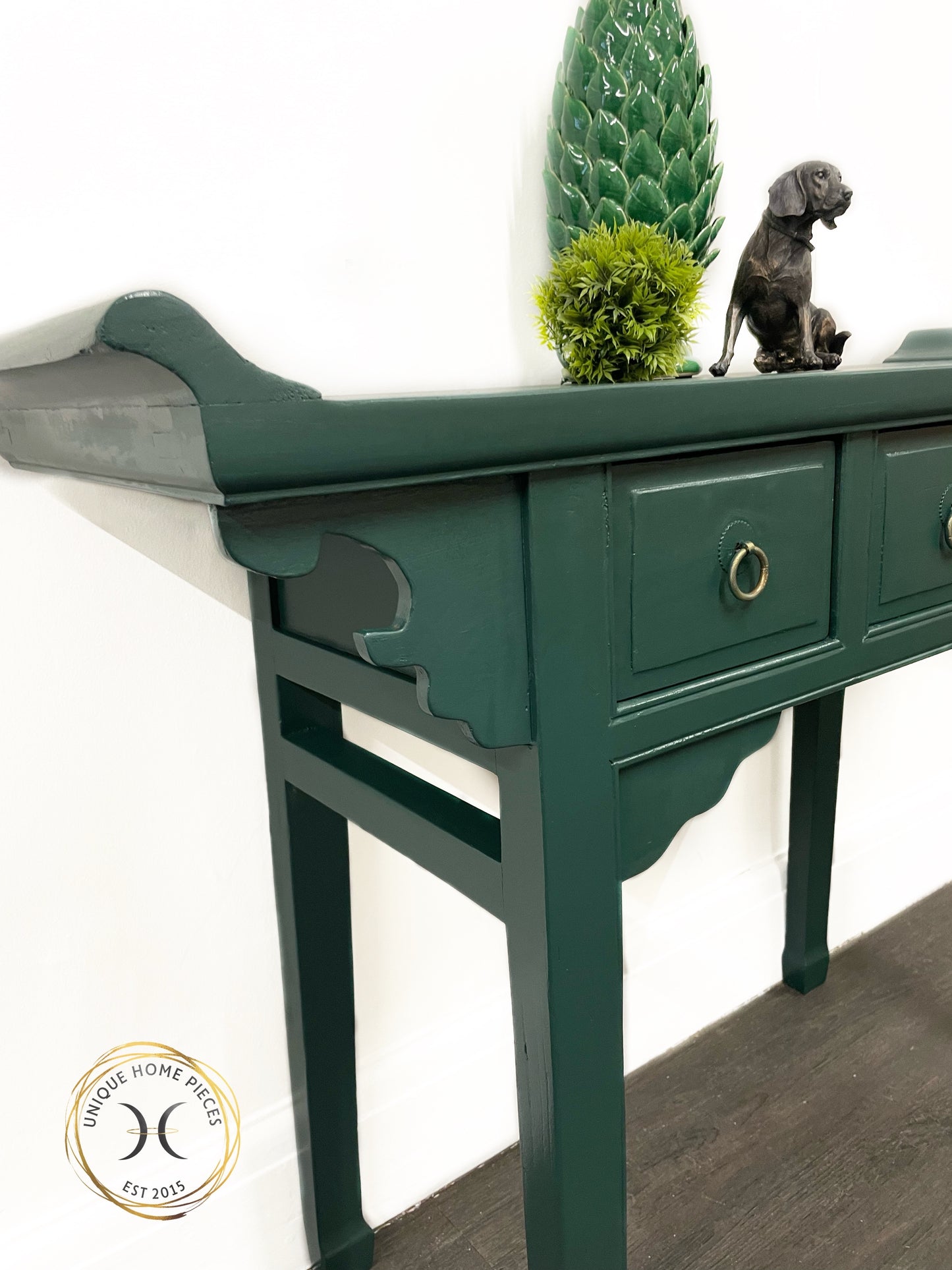 Green Rustic Oriental Style 3 Drawer Console Table/Desk