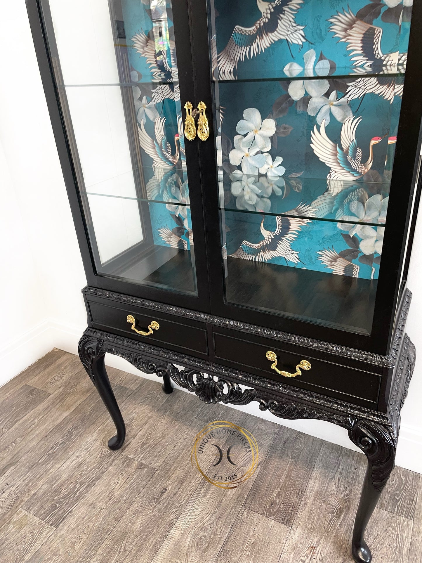 Black Bespoke Bevelled Glass Door Display Cabinet, Queen Anne Legs,Turquoise Crane Bird Design